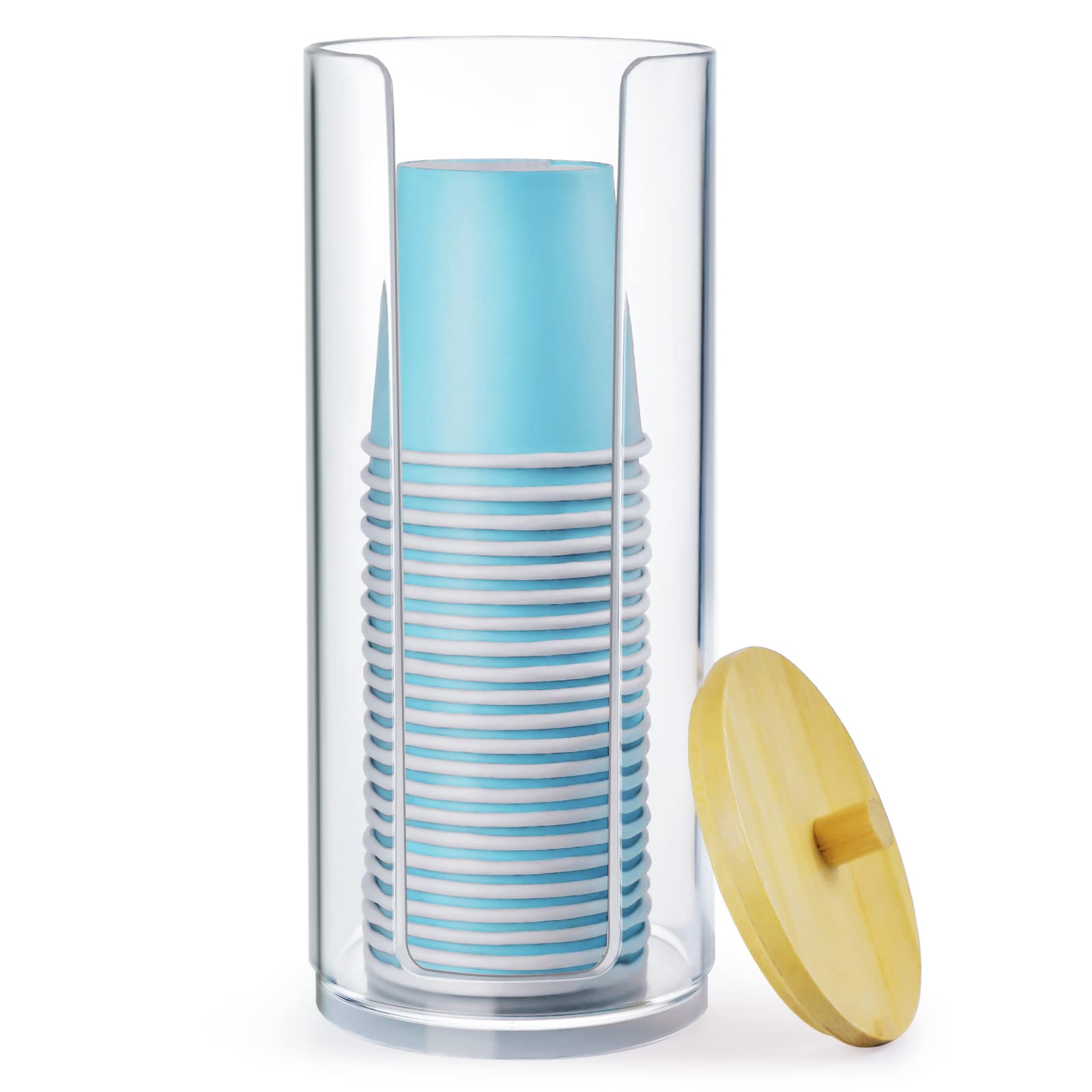IWNTWY 3oz Disposable Paper Cup Dispenser with Bamboo Lid - Bathroom Vanity Mouthwash Cup Holder for Rinsing & Dental Care - Perfect for Home, Office, and Salon Countertop Organization (1 Pack)