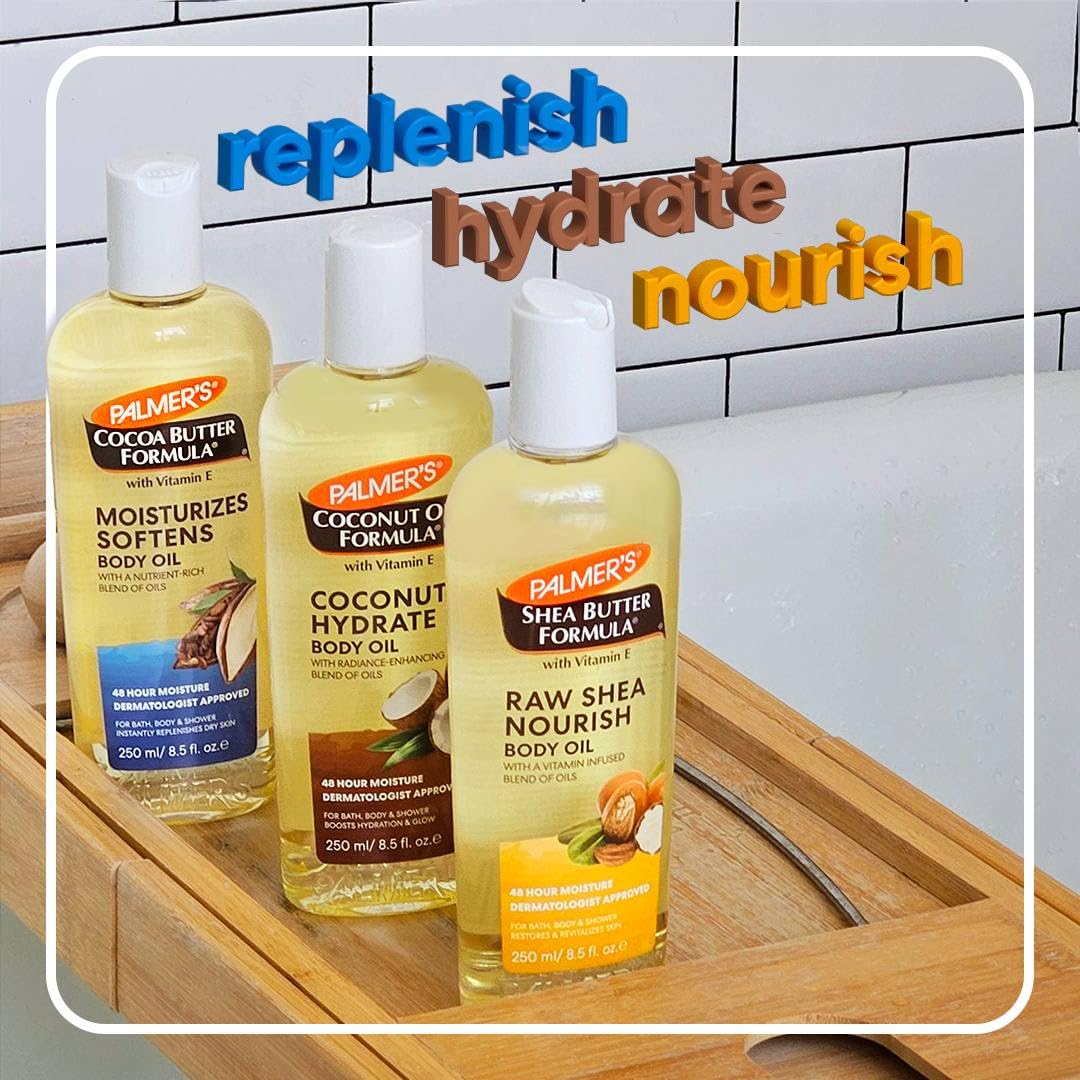 Palmer's Cocoa Butter, Coconut & Shea Body Oil Variety Pack - Dermatologist Approved, Fast Absorbing Moisturizer for Dry Skin - 3 Pack (8.5 oz Each) - Perfect for Post-Shower Hydration, Massage & Daily Skincare Routine