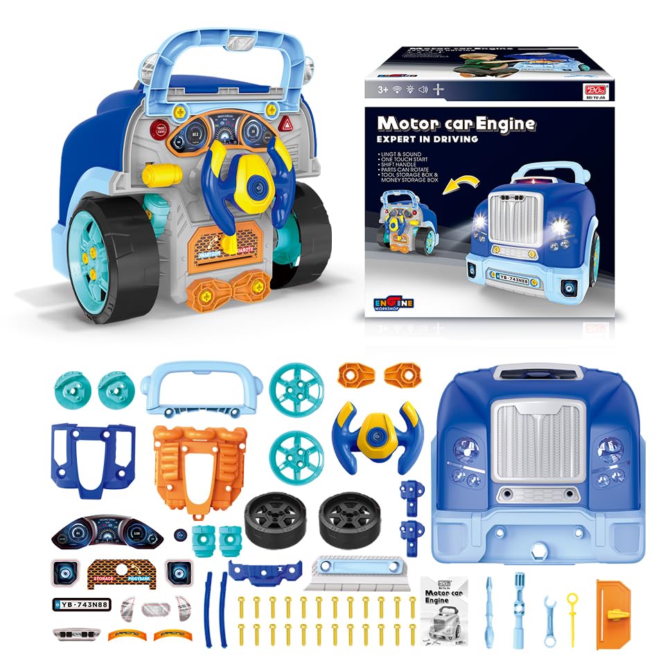 Interactive Truck Engine Toy with Removable Parts - Lights & Sounds STEM Learning Toy for Kids - Educational Pretend Play for Young Mechanics to Develop Creativity & Motor Skills - Perfect for Birthday Gifts & Indoor Playtime (Blue)