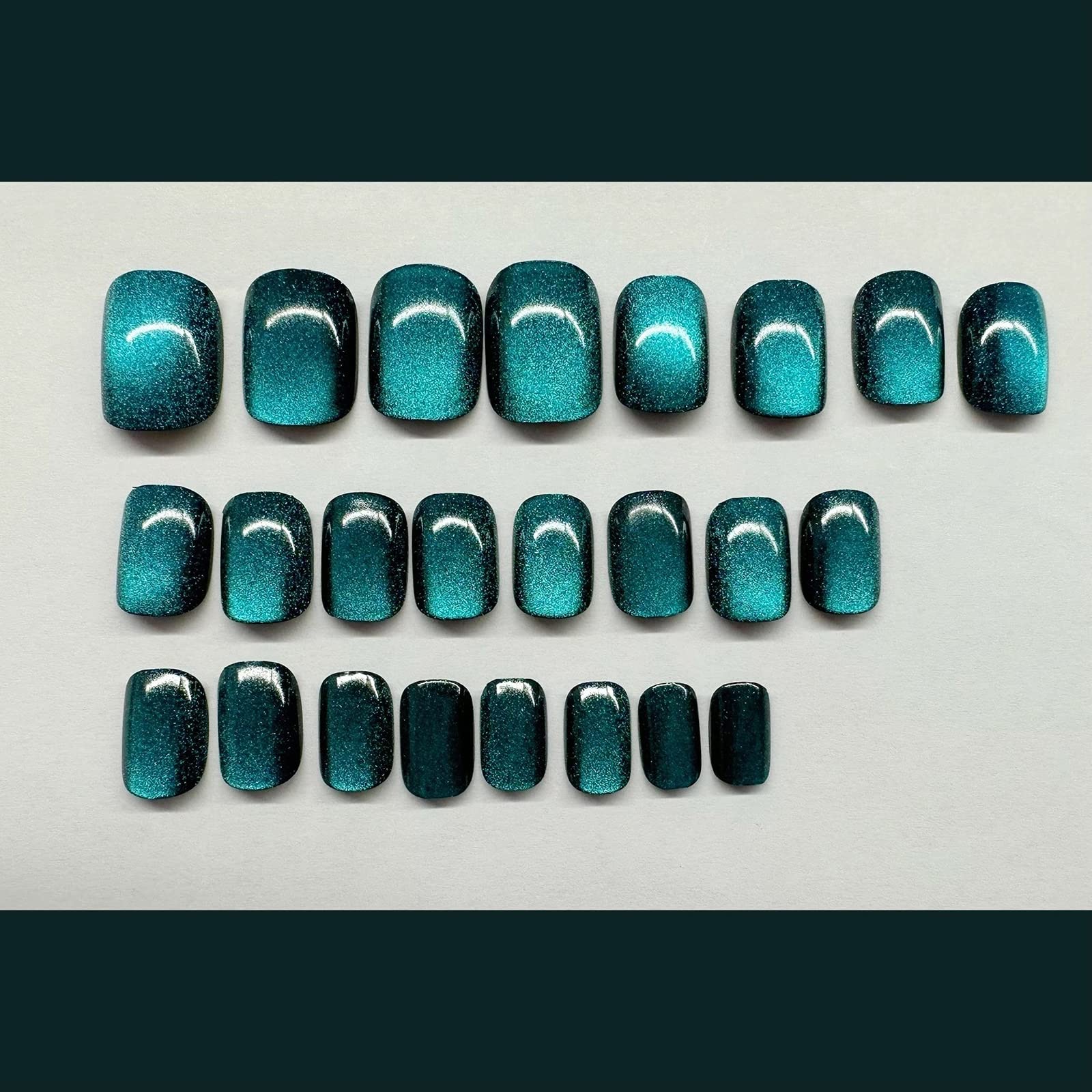 MISUD Short Square Press on Fake Nails - 24pcs Glossy Glue on Chrome Cat Eye Acrylic Nails with Green Starry Sky Design for Women, Perfect for Parties, Weddings & Special Occasions