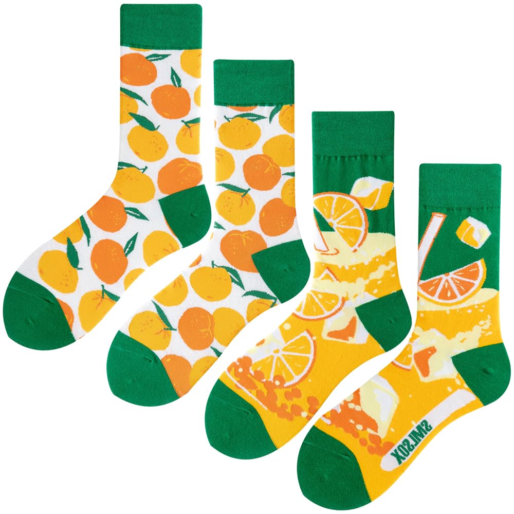 2 Pairs Cute Cartoon Plant & Food Print Cotton Crew Socks for Women & Teens - Soft Comfortable Socks for Casual Wear, Gifts & Everyday Outfits