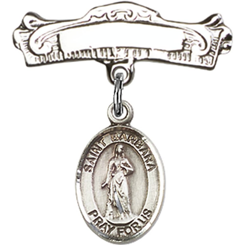 Sterling Silver Baby Badge with St. Barbara Charm - 7/8 X 7/8 Inches Arched Polished Pin - Perfect for Christening, Baptism & First Communion Gifts