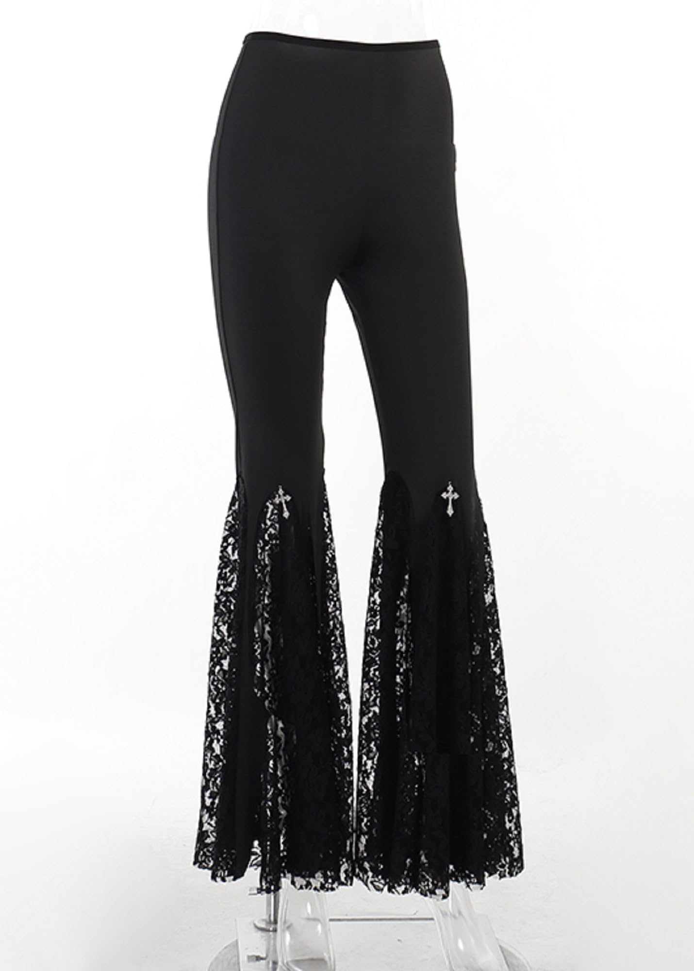 Gothic Punk Flare Pants for Women - Y2K Grunge Trousers with Lace Patchwork & Chain Details | Emo Fashion, Streetwear, Alternative Clothing for Concerts & Night Out