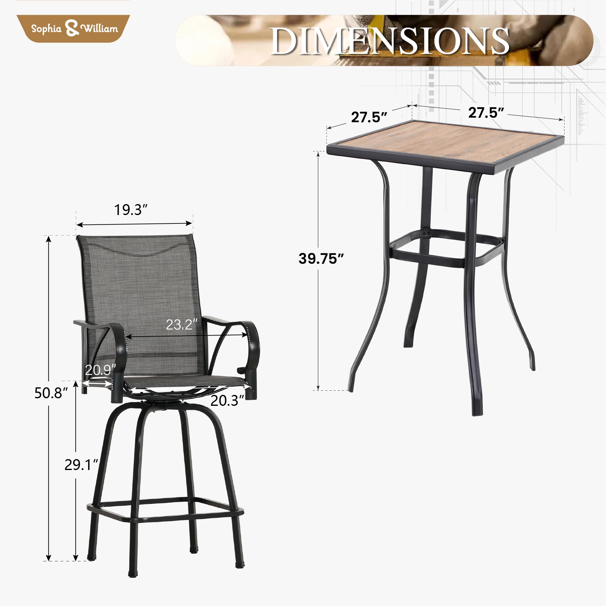 Sophia & William Outdoor Bar Set - 2 Swivel Bar Stools & 1 Square Bar Table (Grey & Wood-Like Finish) - Durable Patio Furniture for Backyard, Deck, Poolside, Garden - Perfect for BBQs, Outdoor Parties, Relaxing & Entertaining - Weather-Resistant Outdoor Dining Set for Home & Commercial Use