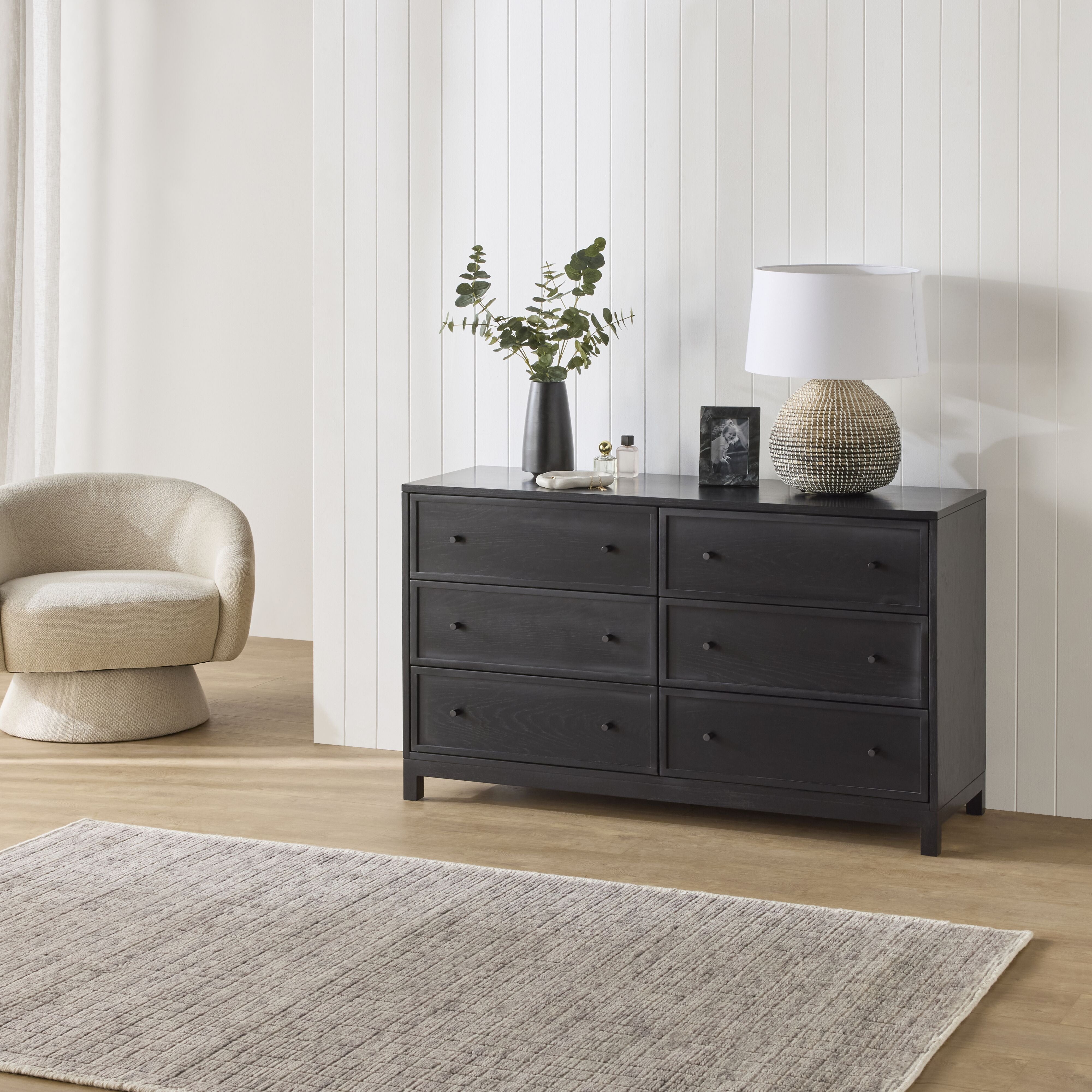 Avalon 6-Drawer Dresser Chest - Black Wooden Bedroom Storage Furniture for Clothes, Blankets & Organizing