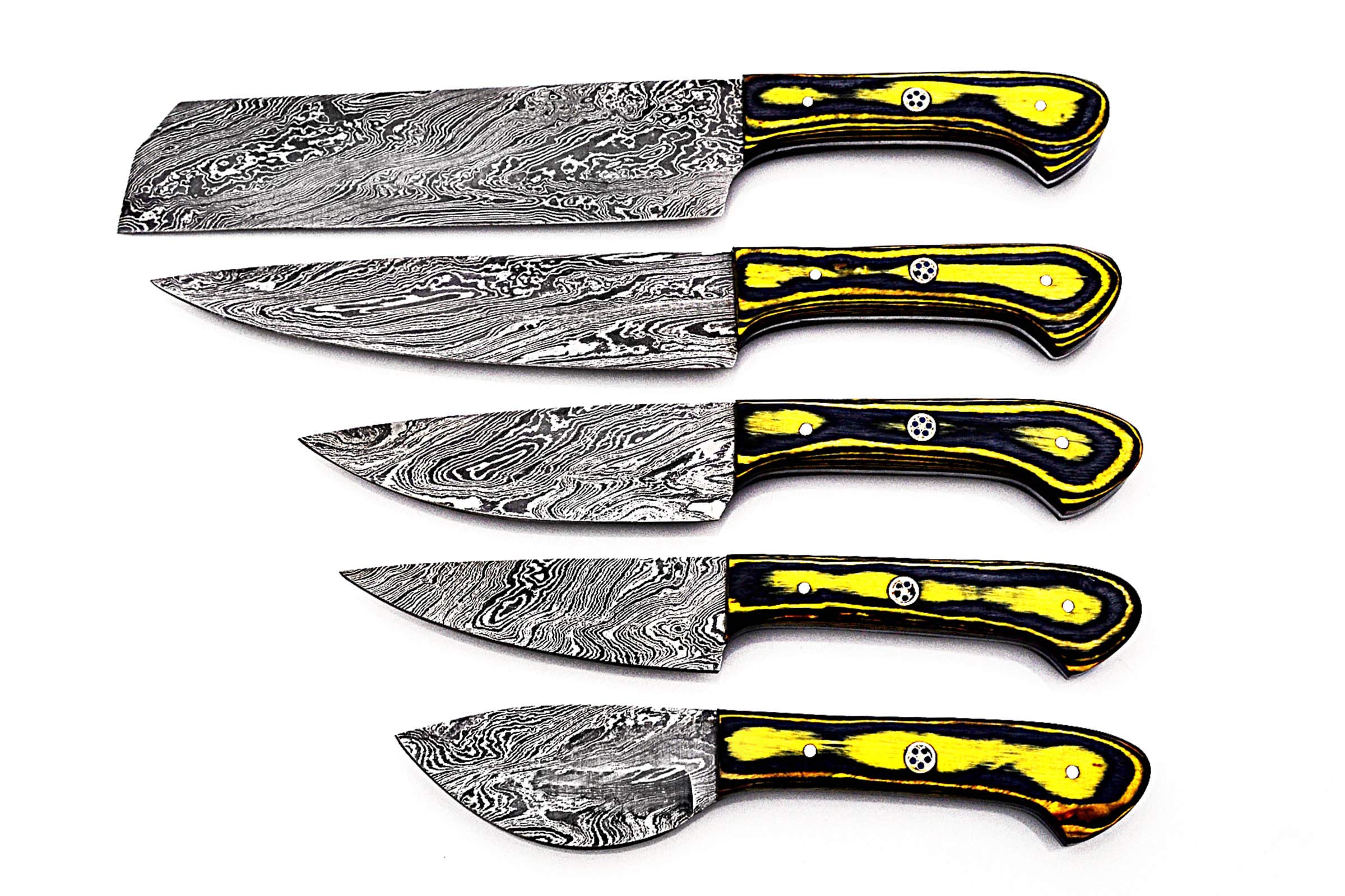 Premium Handmade Damascus Steel Chef Knives 5-Piece Set - High Carbon Stainless Steel Kitchen Knives with Black & Yellow Wood Handle - Perfect for Professional Chefs, Home Cooking & Gourmet Gifts