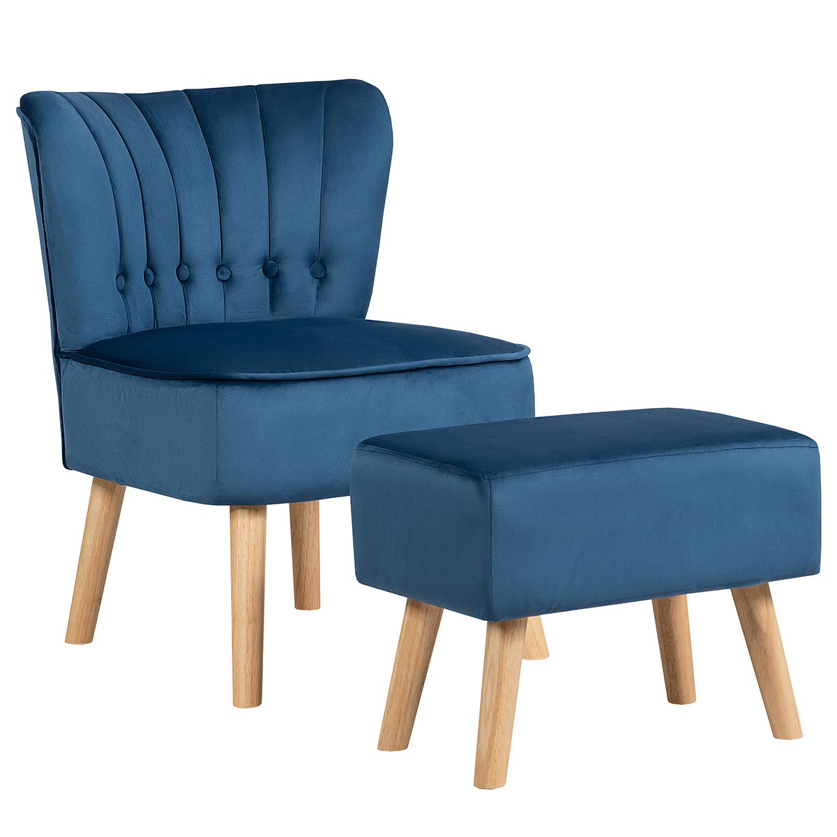 Giantex Modern Accent Chair and Ottoman Set - Velvet Upholstered Armless Slipper Sofa with Button Tufted Footstool, Single Chair for Living Room, Bedroom & Home Office - Blue | Perfect for Reading Nook, Lounge Area & Small Space Decor