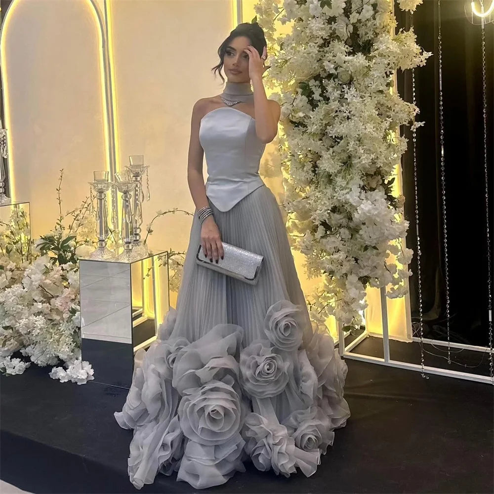 Elegant Gray Halter Draped A-Line Evening Gown with 3D Floral Appliques - Perfect for Prom, Wedding Guest & Formal Events
