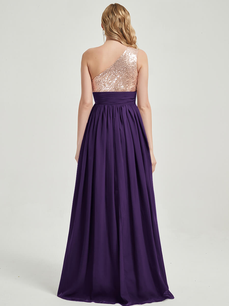 Elegant Dark Purple One Shoulder Sleeveless Chiffon Sequin Bridesmaid Dress for Weddings, Prom & Formal Events