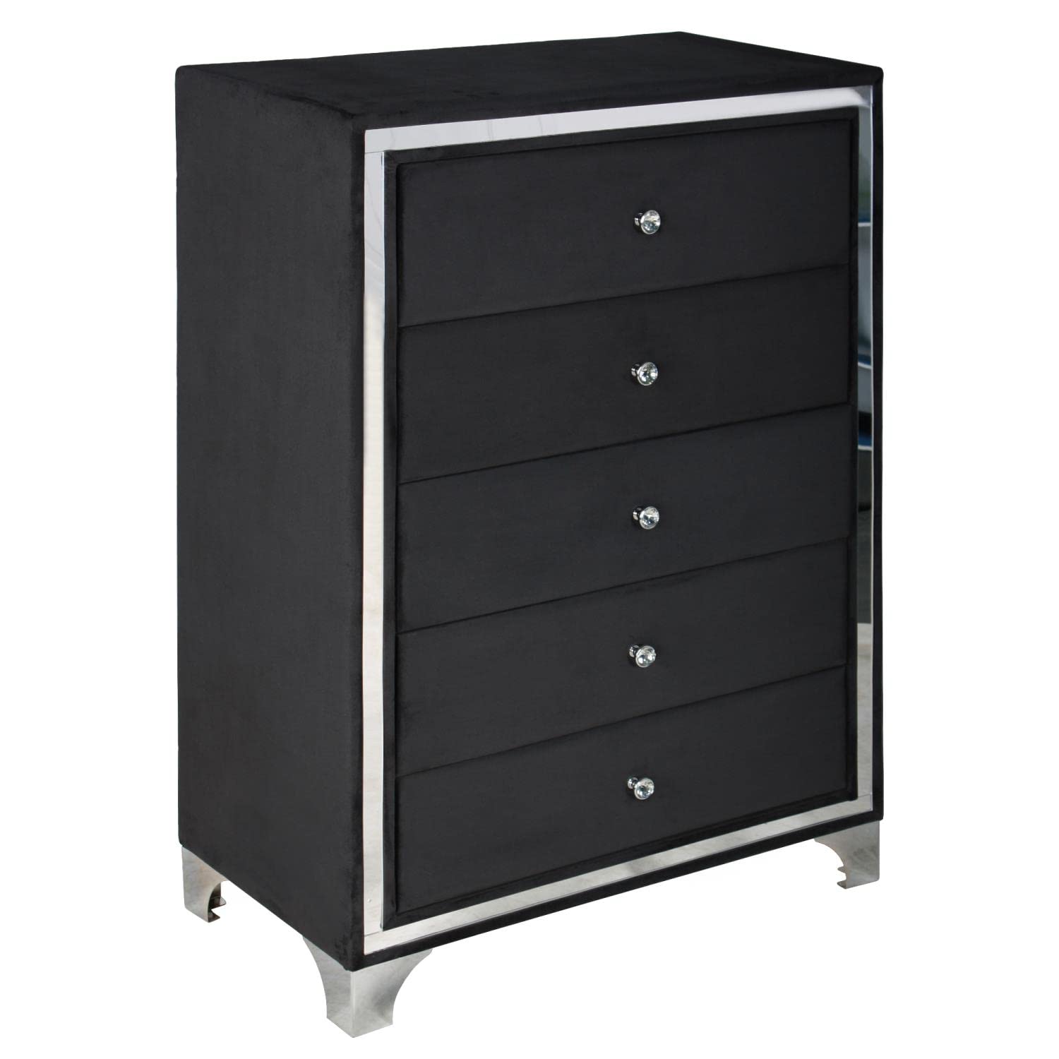 Better Home Products Monica Velvet Upholstered 5-Drawer Chest Dresser in Black - Stylish Bedroom Storage for Clothes and Accessories