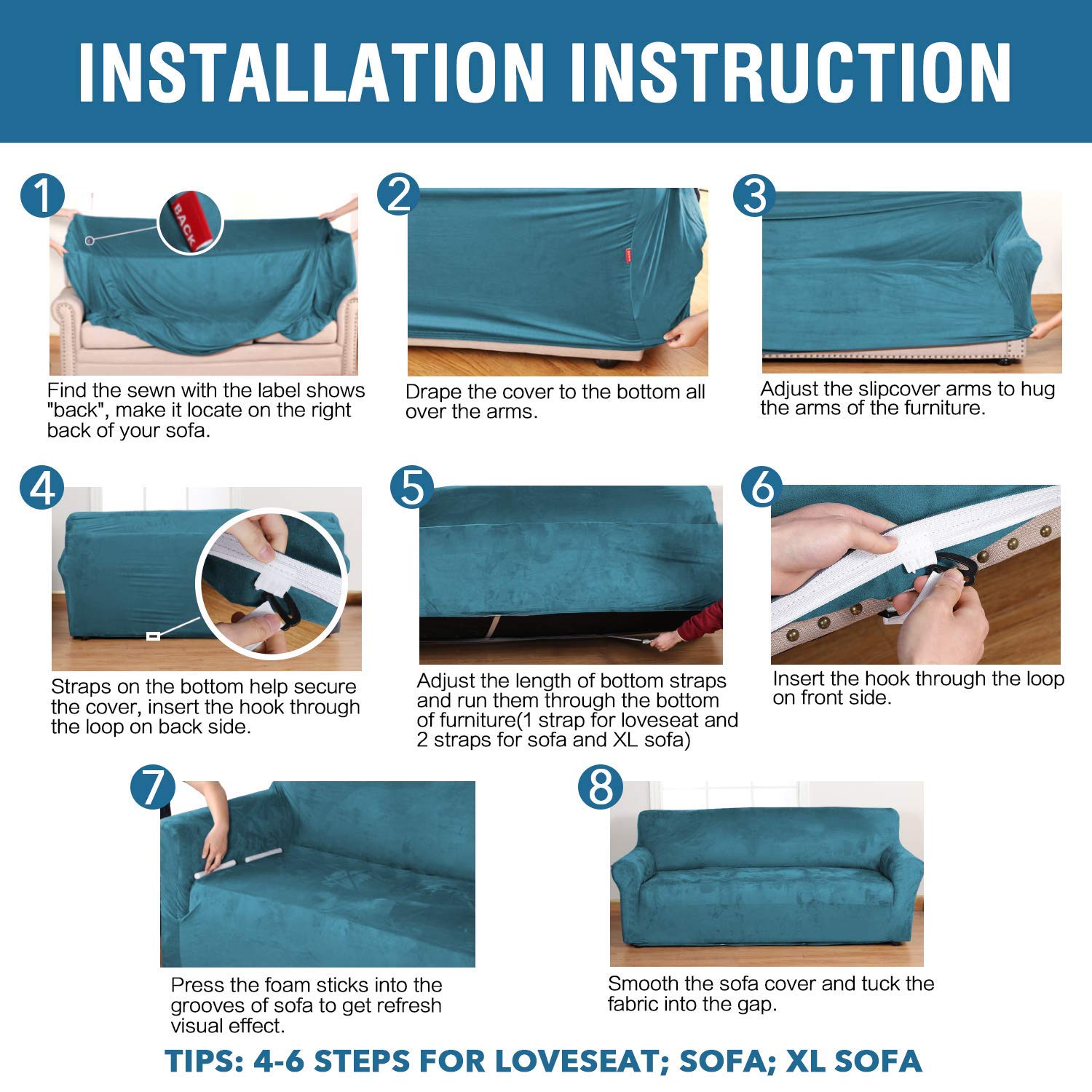 H.VERSAILTEX Velvet Stretch Sofa Covers Set - 3 Cushion Couch, Loveseat & Armchair Slipcovers (Peacock Blue) | Soft, Washable & Anti-Slip Furniture Protector for Living Room, Bedroom, Dorm Decor