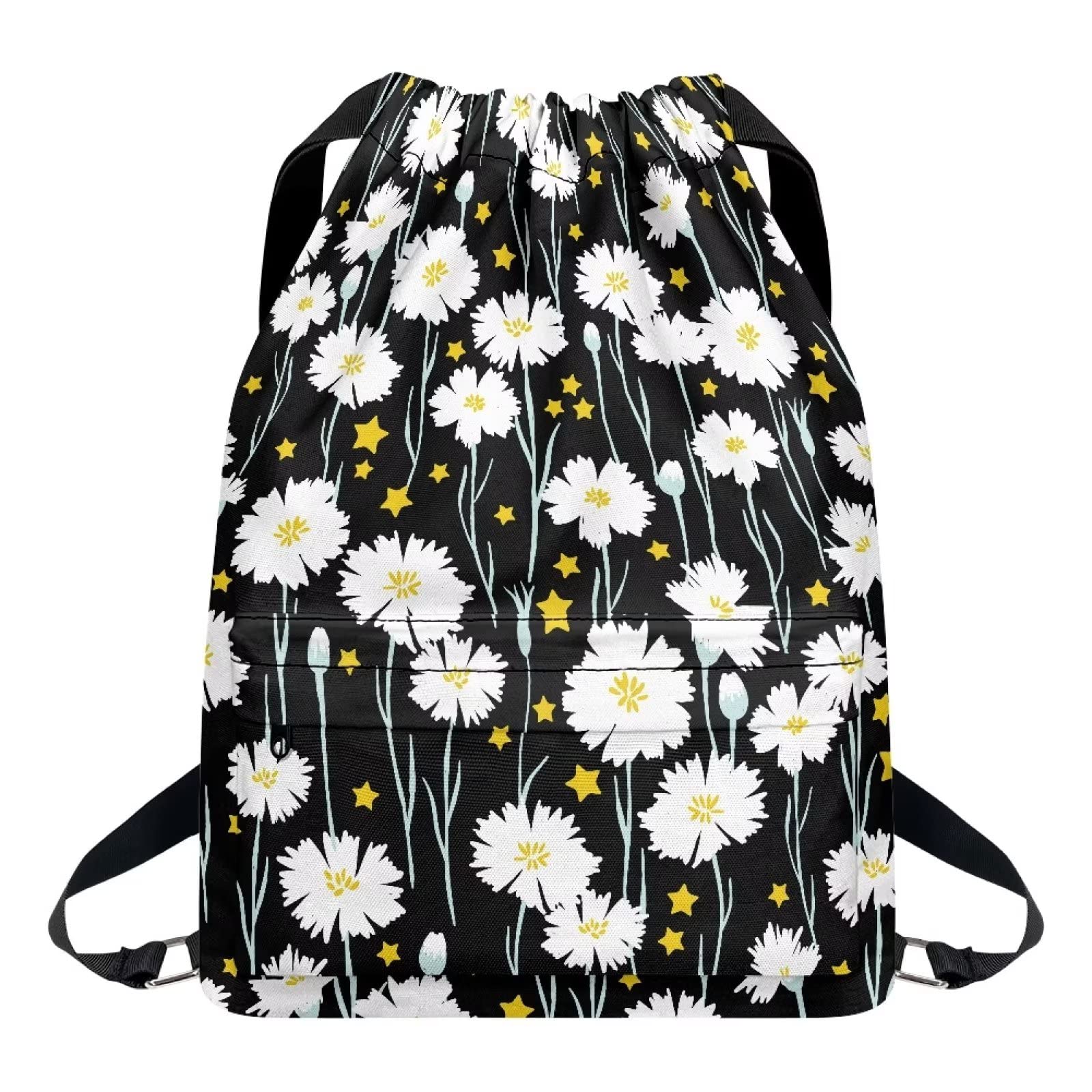 Stylish Black Daisy Pattern Drawstring Backpack with Zipper Pocket - Adjustable Waterproof Gym Bag for Men & Women | Perfect for Sports, Yoga, Camping & Daily Use