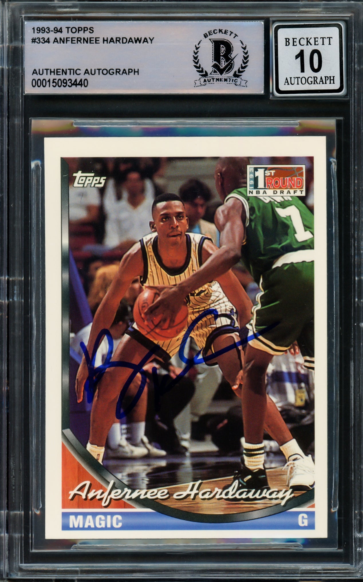 Anfernee Hardaway Autographed 1993-94 Topps Rookie Card #334 Orlando Magic PSA 10 Gem Mint Beckett BAS #211051 - Perfect for NBA Memorabilia Collectors & Penny Hardaway Fans