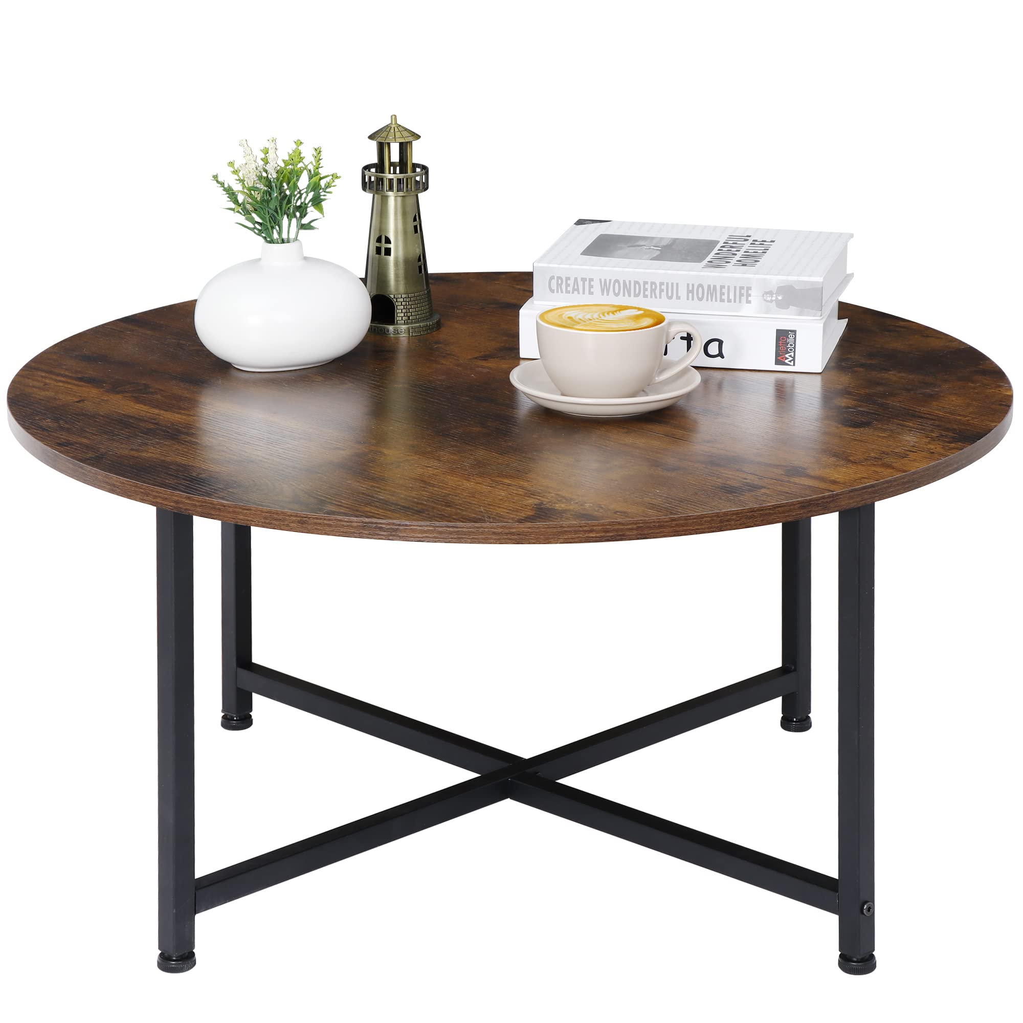 Smartxchoices 32 Inch Round Coffee Table - Solid Wood Top with Sturdy Metal Cross Legs - Industrial Style Center Table for Living Room, Coffee Bar, Patio & Outdoor Use - Perfect for Entertaining Guests or Relaxing with Coffee