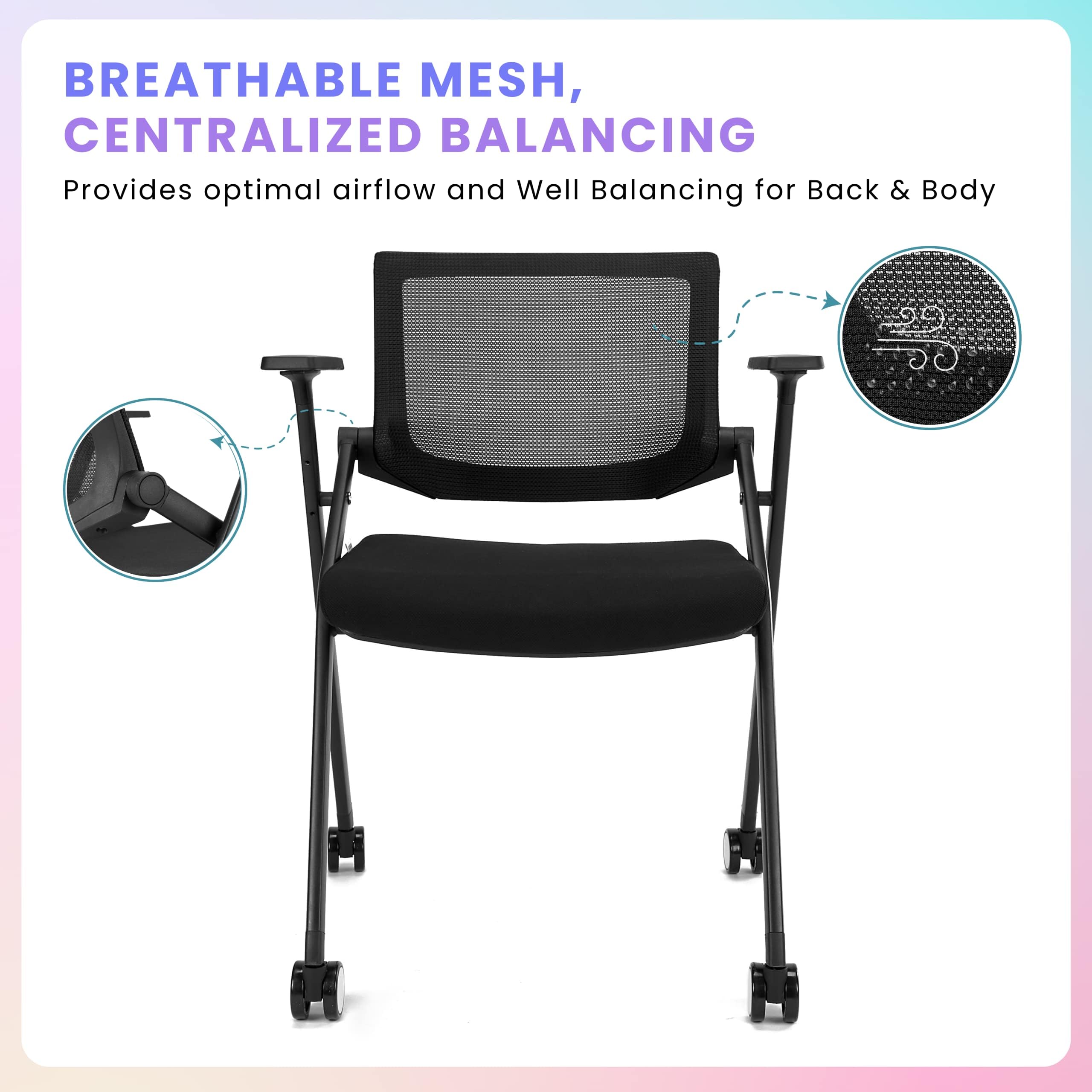 4 Pack Stackable Conference Room Chairs with Wheels - Ergonomic Mesh Back Office Chairs with Adjustable Arms & Paddle for Meeting, Training, Reception & Home Office - Perfect for Conference Rooms, Coworking Spaces & Home Workstations