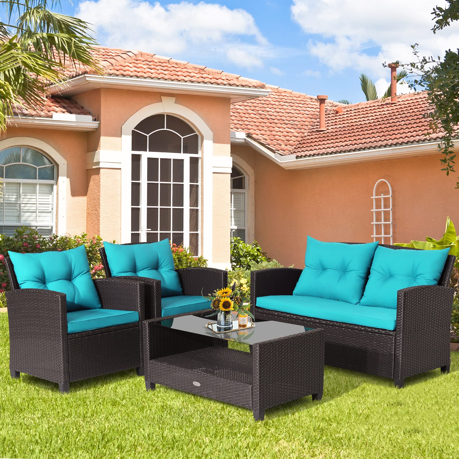Tangkula 4-Piece Outdoor Patio Furniture Set - Rattan Wicker Sofa Set with 1 Loveseat, 2 Single Chairs & Tempered Glass Coffee Table - Perfect for Backyard, Garden, Poolside & Porch Relaxation