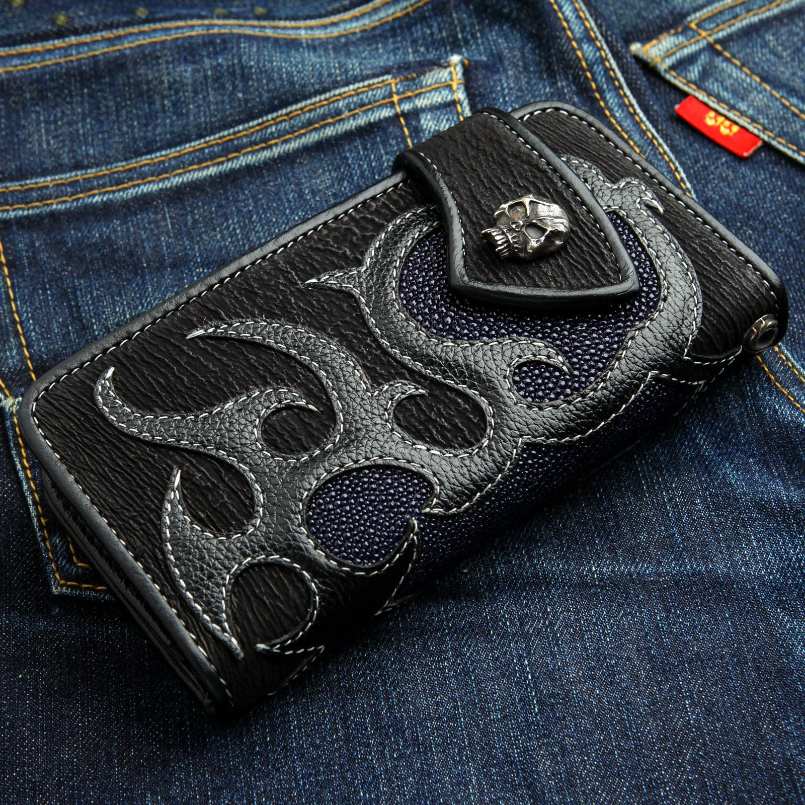 Genuine Navy Blue Stingray Leather Skull Men's Biker Wallet - RFID Blocking Slim Bifold Wallet for Motorcycle Riders & Everyday Carry (Perfect Gift for Bikers)