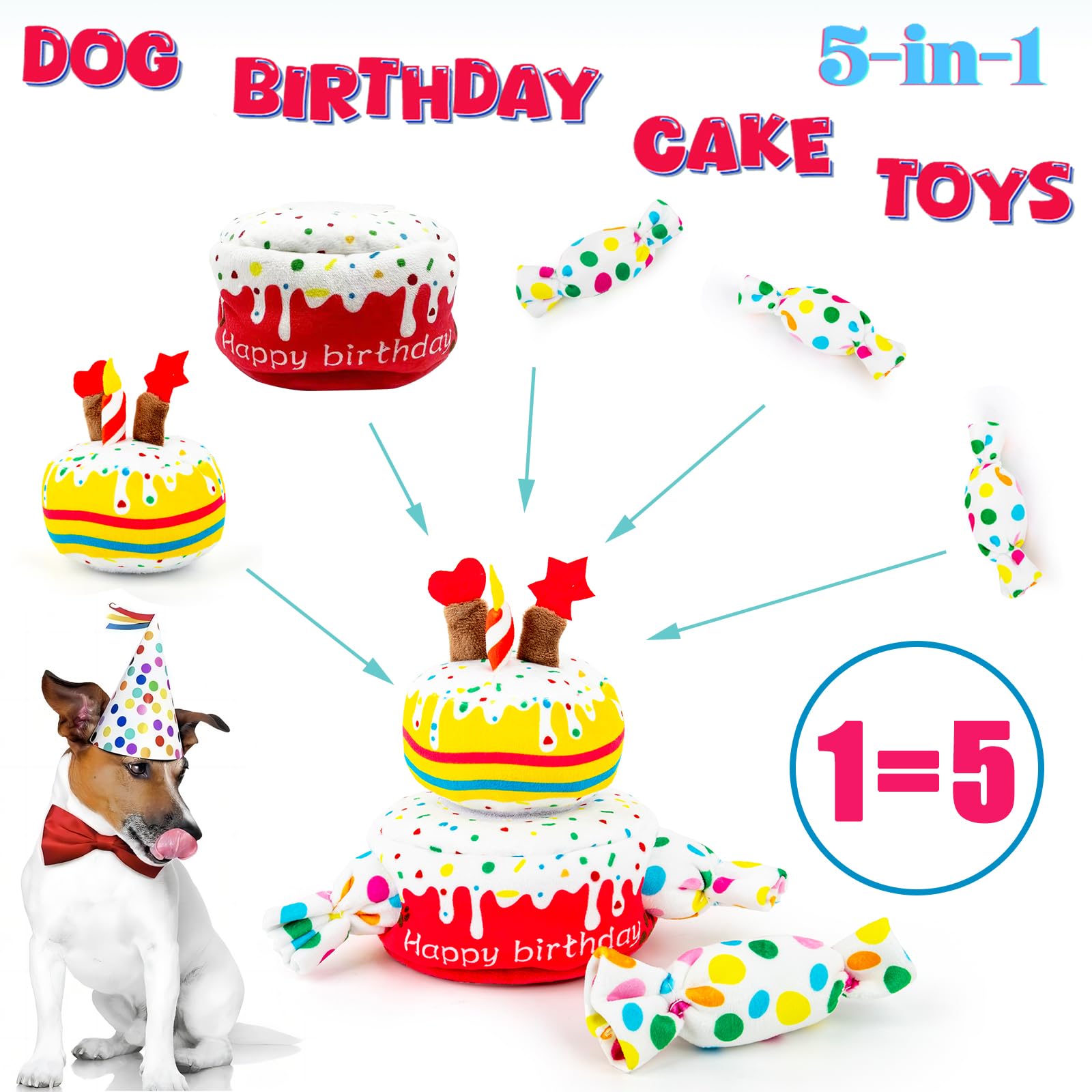 Dog Birthday Toy & Cake Plush with Squeaker - Fun Birthday Gift for Small, Medium & Large Dogs - Perfect for Puppy Parties & Celebration Playtime