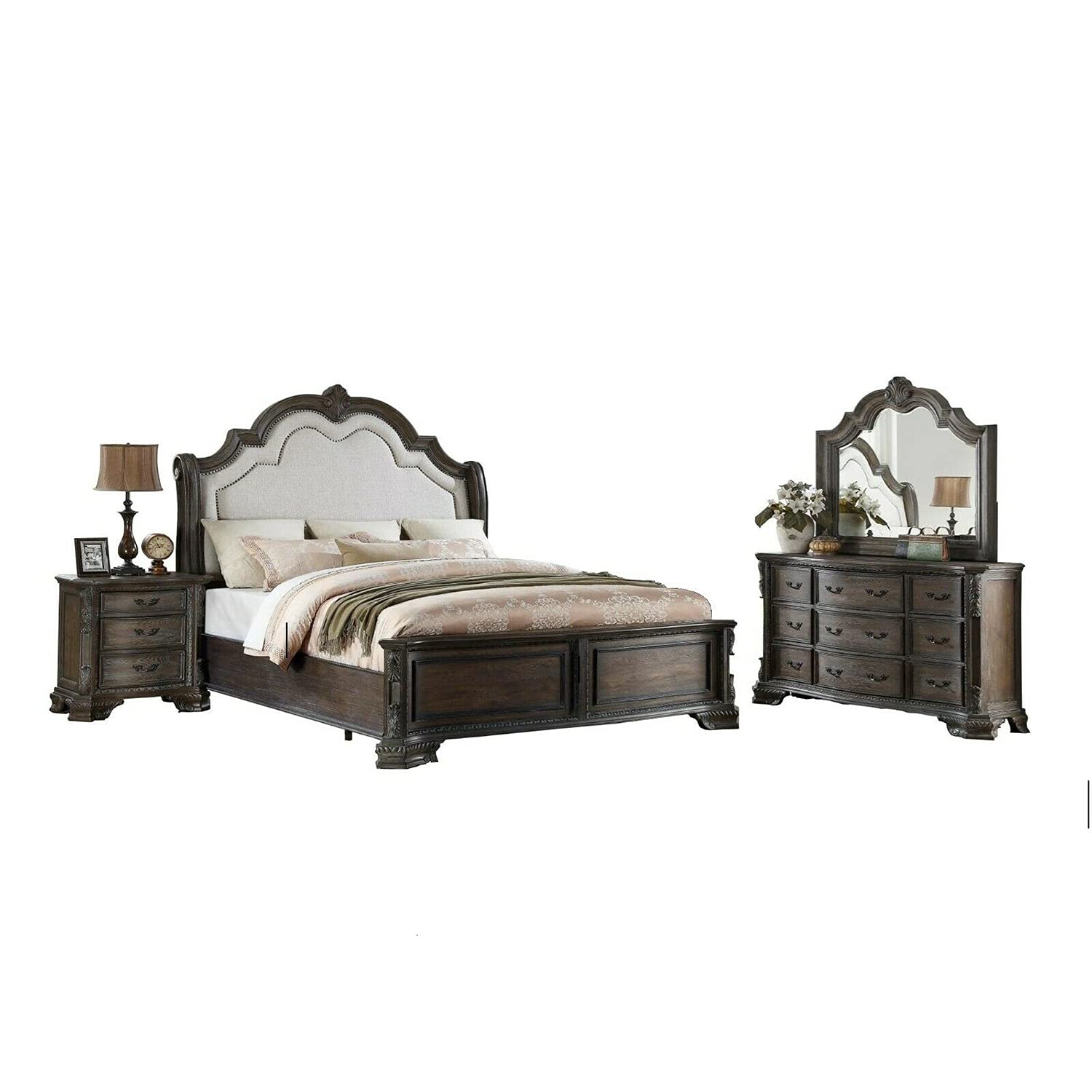 Thaweesuk Shop 4-Piece King Size Bedroom Set - Grey Traditional Style Hardwood Furniture with Bed, Dresser, Mirror & Nightstand | Perfect for Master Bedroom, Guest Room & Home Decor