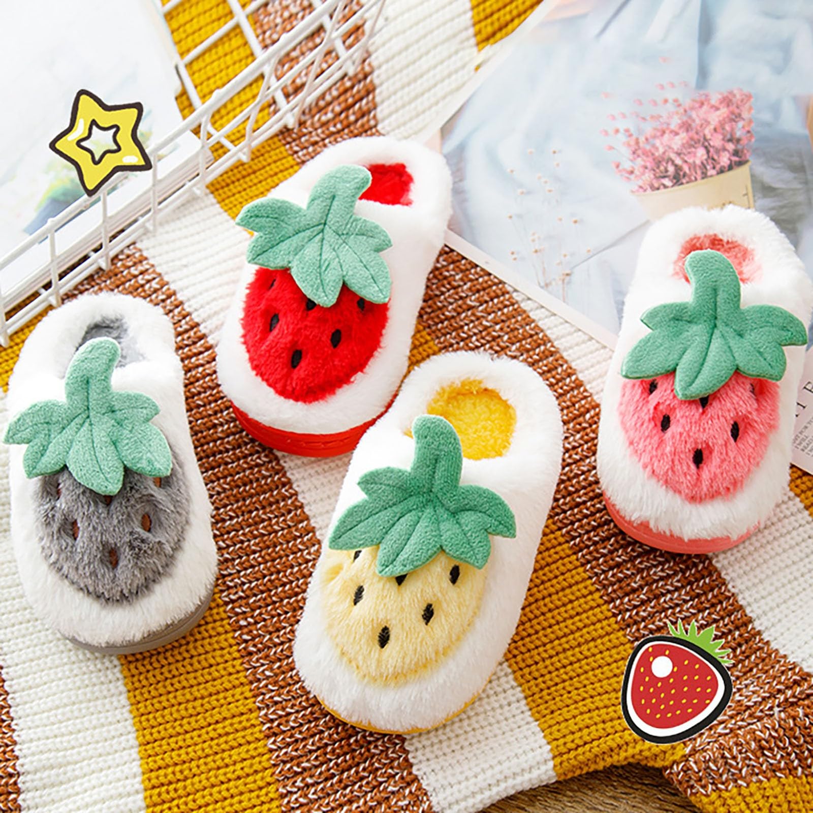 Toddler Girls Winter House Slippers - Cute Strawberry Cartoon Print Flocked Soft Shoes for Warm Indoor Wear | Cozy Home Slippers for Kids' Playtime & Relaxation