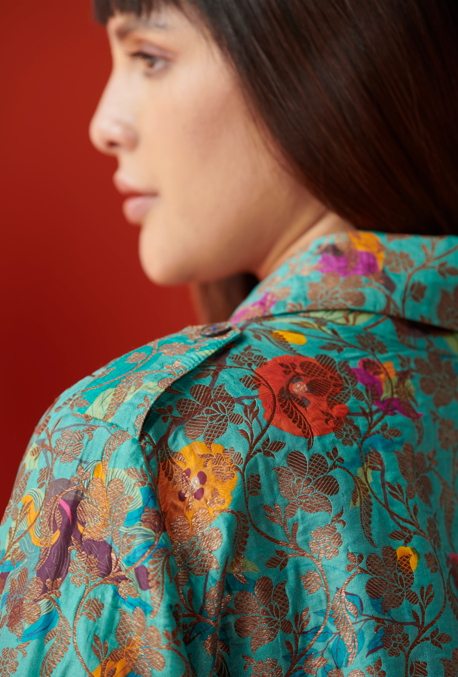 Elegant Aqua Silk Brocade Trench Coat - Vintage Inspired Women's Outerwear for Formal Events & Evening Occasions