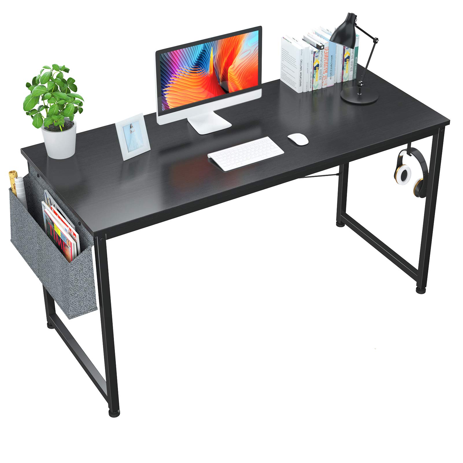 Foxemart 55 Inch Modern Sturdy Computer Desk - Home Office Desk with Storage Bag & Iron Hook, Black | Study Writing Workstation for PC Laptop Notebook | Perfect for Small Spaces & Remote Work