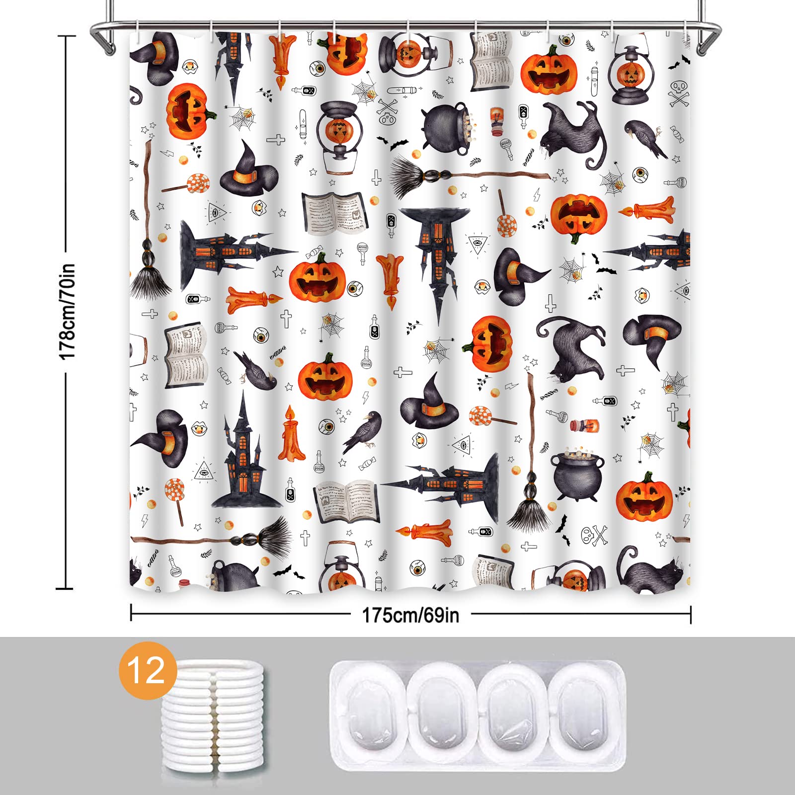 Halloween Pumpkin Shower Curtain with Black Cat Design - Cute Cartoon Witch & Spider Web Bathroom Decor - Includes 12 Hooks - Waterproof Fabric for Spooky Trick or Treat Bathroom Theme - Perfect for Halloween Party Decorations & Seasonal Home Decor