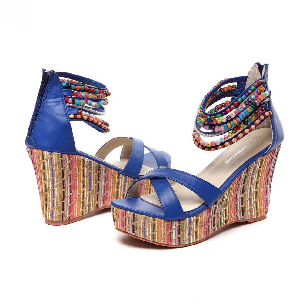 Getmorebeauty Women's Pearl Embellished Wedge Sandals - Comfortable Platform High Heels for Summer, Beach & Casual Outings