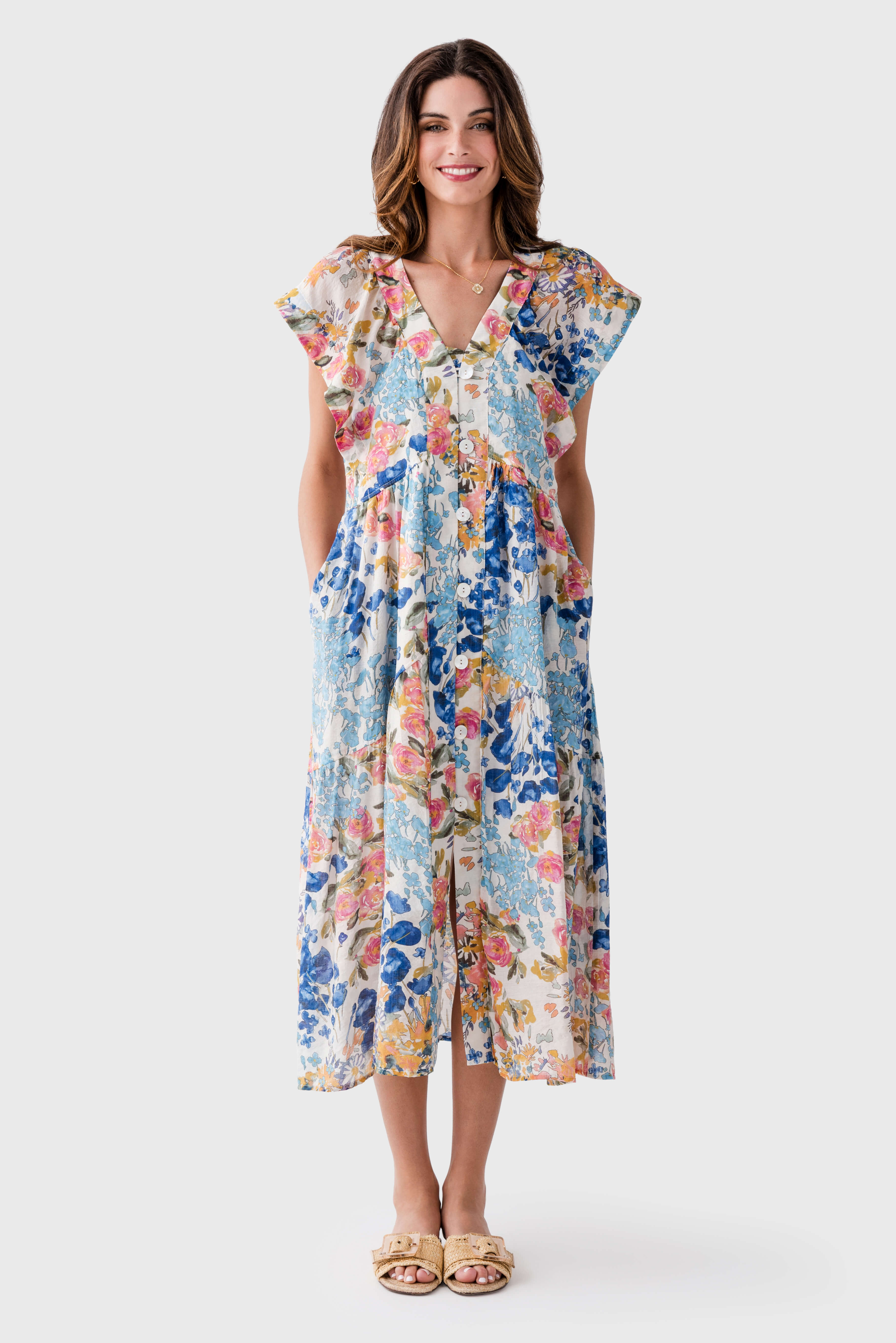 THML Floral Print Maxi Dress - Women's Summer Boho Long Dress with Patch Design for Beach, Vacation & Casual Wear