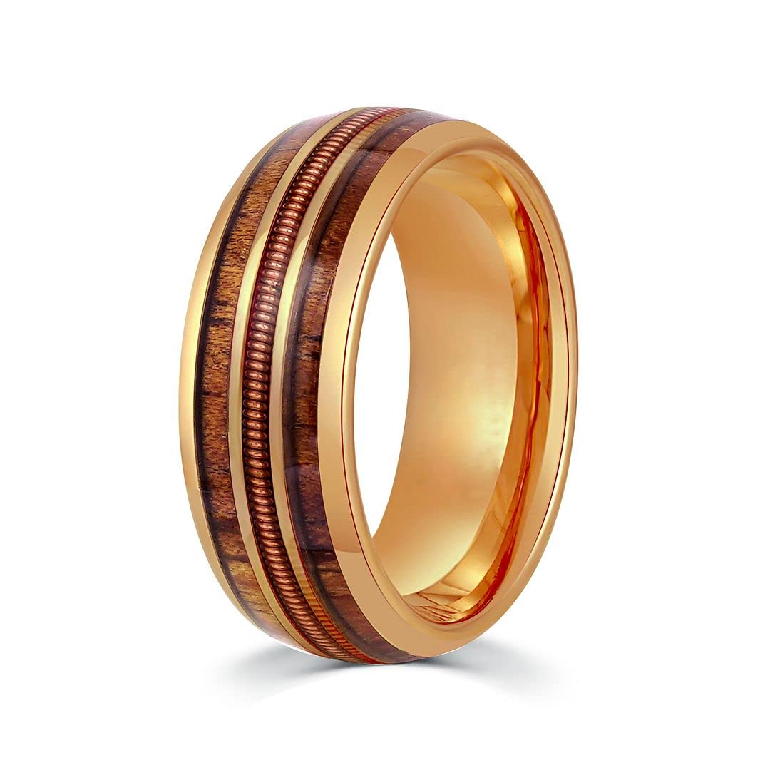 Men's Guitar String Wedding Ring - Hawaiian Koa Rose Gold Tungsten Band for Guitarists & Musicians | 8mm Comfort Fit Wedding Band | Perfect Gift for Musicians, Engagements & Anniversaries - Rock Your Love Story