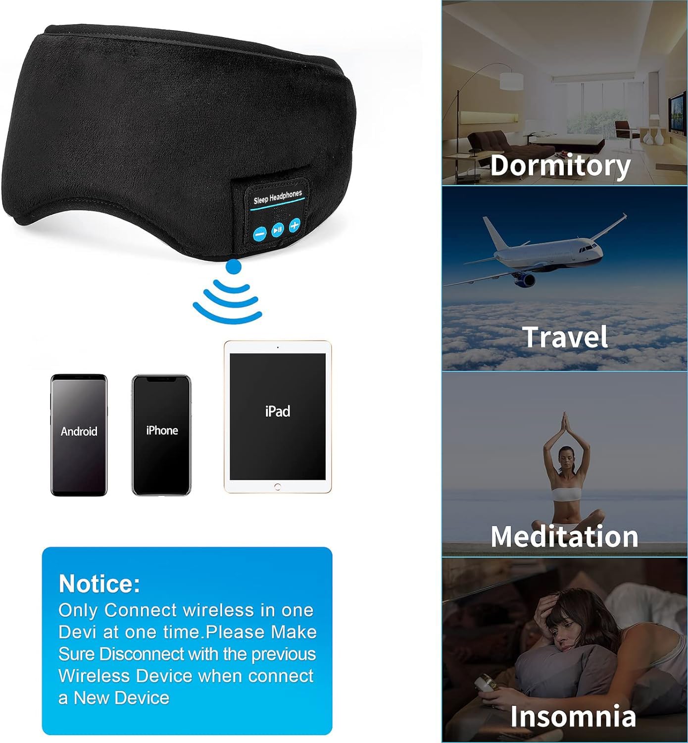 Upgraded Music Sleep Eye Mask with Built-in Speakers & Microphone - Wireless Bluetooth Travel Sleeping Headset, Washable Eye Shades for Relaxation, Meditation & Airplane Travel
