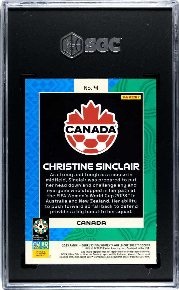 2023 Donruss Women's World Cup Christine Sinclair National Landmarks SGC 9.5 #4 - Rare Soccer Trading Card for Collectors, Perfect for Sports Memorabilia Displays and Fan Collections