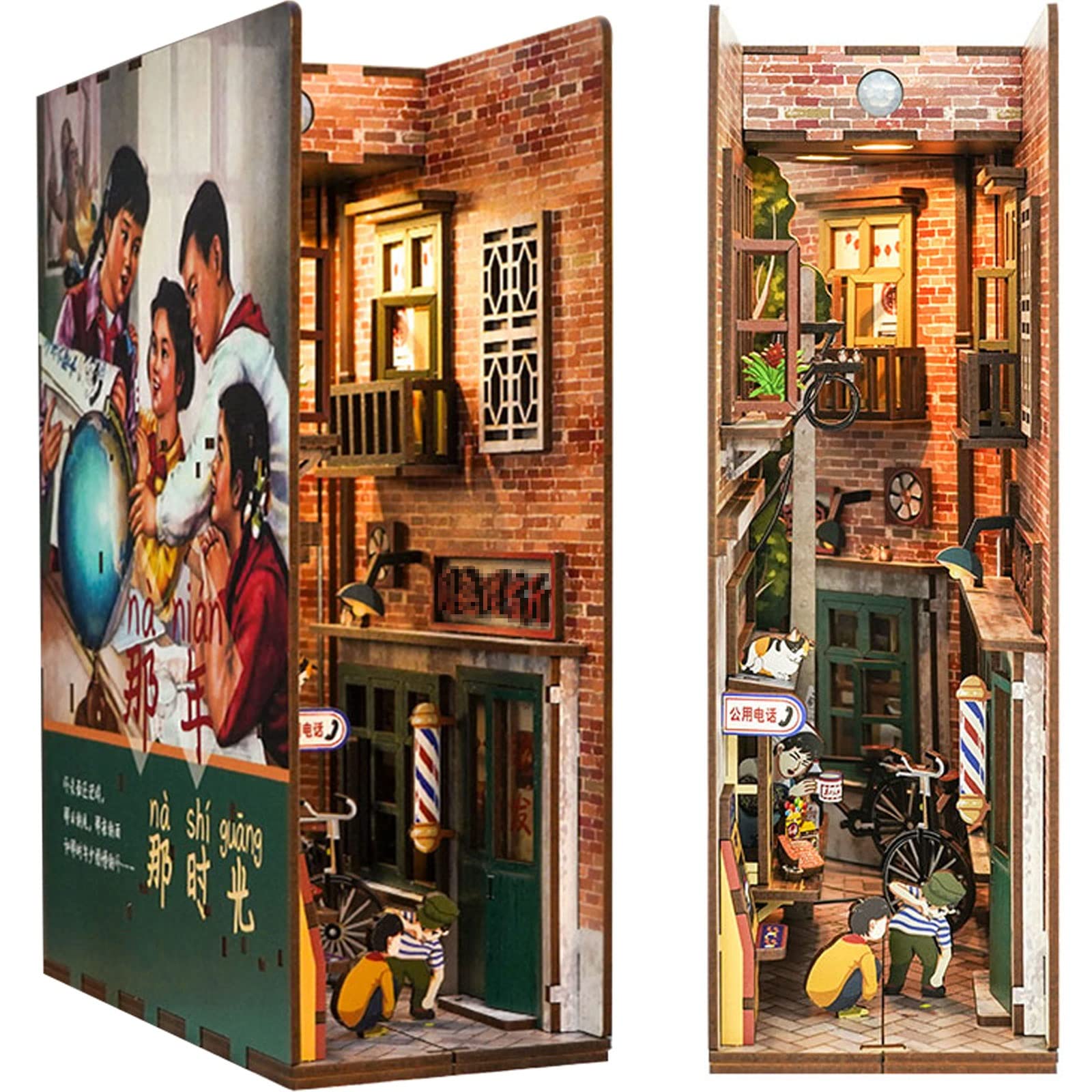 HMLOPX 3D Wooden Puzzle Dollhouse DIY Book Nook Kit with Sensor Light - Creative Bookshelf Insert & Bookends Model for Home Decor - Perfect Miniature Gift for Kids & Adults (Childhood Time Color) | Great for Reading Corners, Bookshelf Displays & Educational STEM Activities