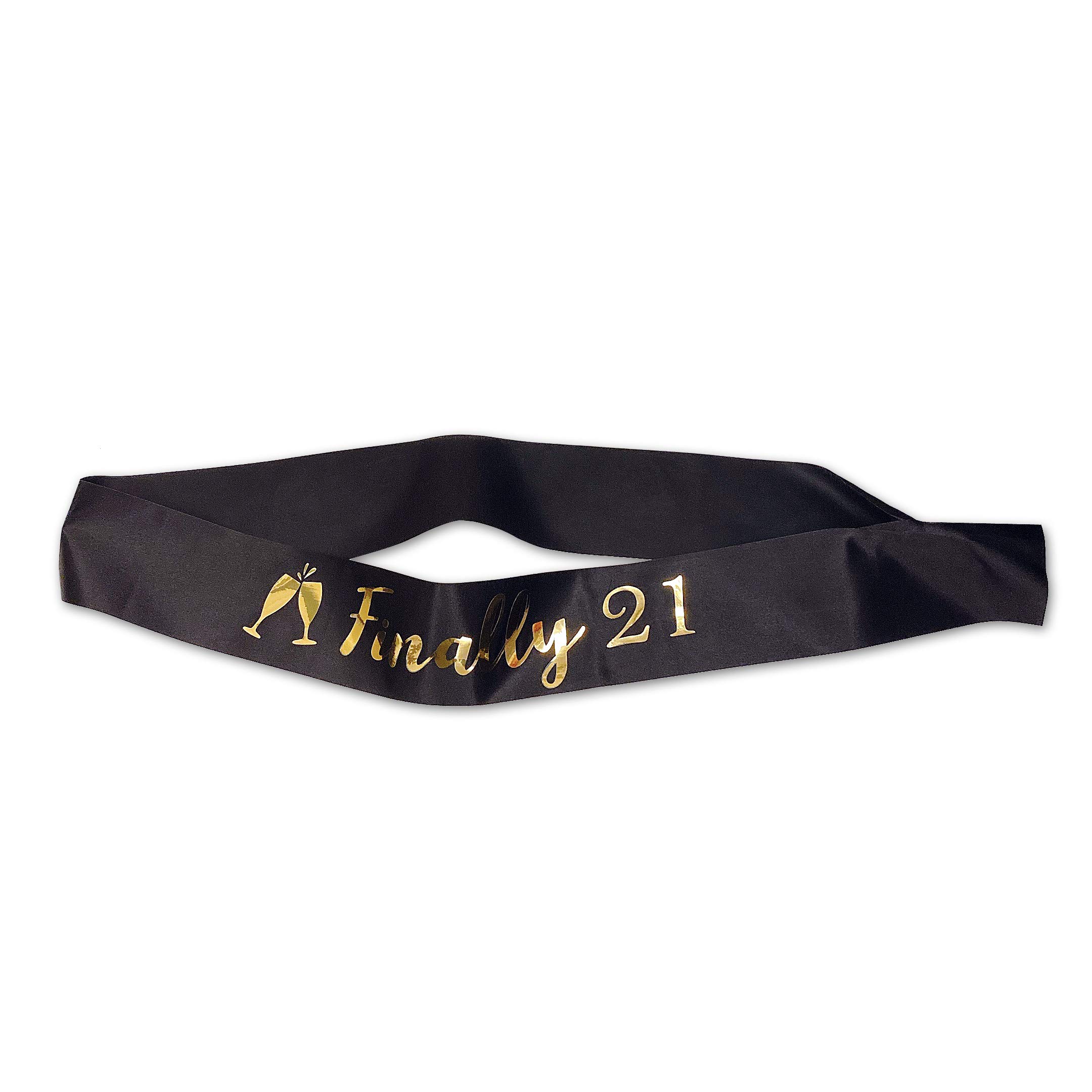 Black Satin 'Finally 21' Birthday Sash with Gold Glitter Lettering - Elegant 21st Birthday Party Favors, Decorations & Supplies for Women's Milestone Celebration