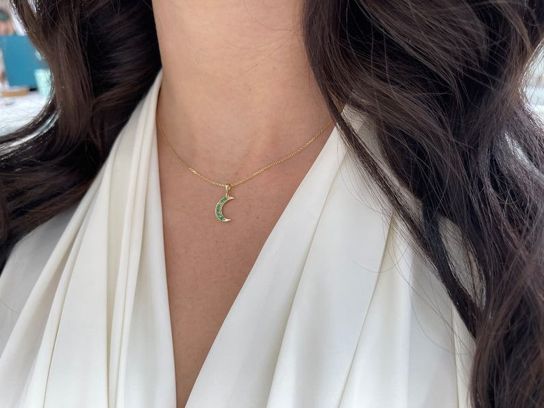 0.40tcw Natural Emerald Round Cut Crescent Half Moon Pendant in 14K Gold - Elegant Necklace for Women, Perfect Gift for Birthday, Anniversary & Valentine's Day