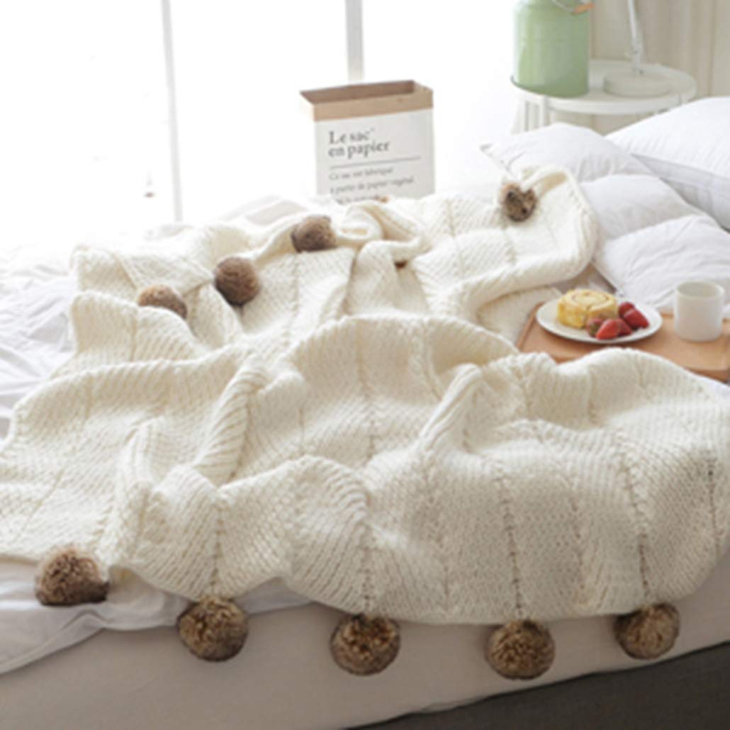 Soft Pom Pom Throw Blanket - Cozy Warm Acrylic Blanket for Couch, Bed & Chair - Winter Home Decor for Baby & Kids Room - Perfect for Snuggling, Reading & Relaxing