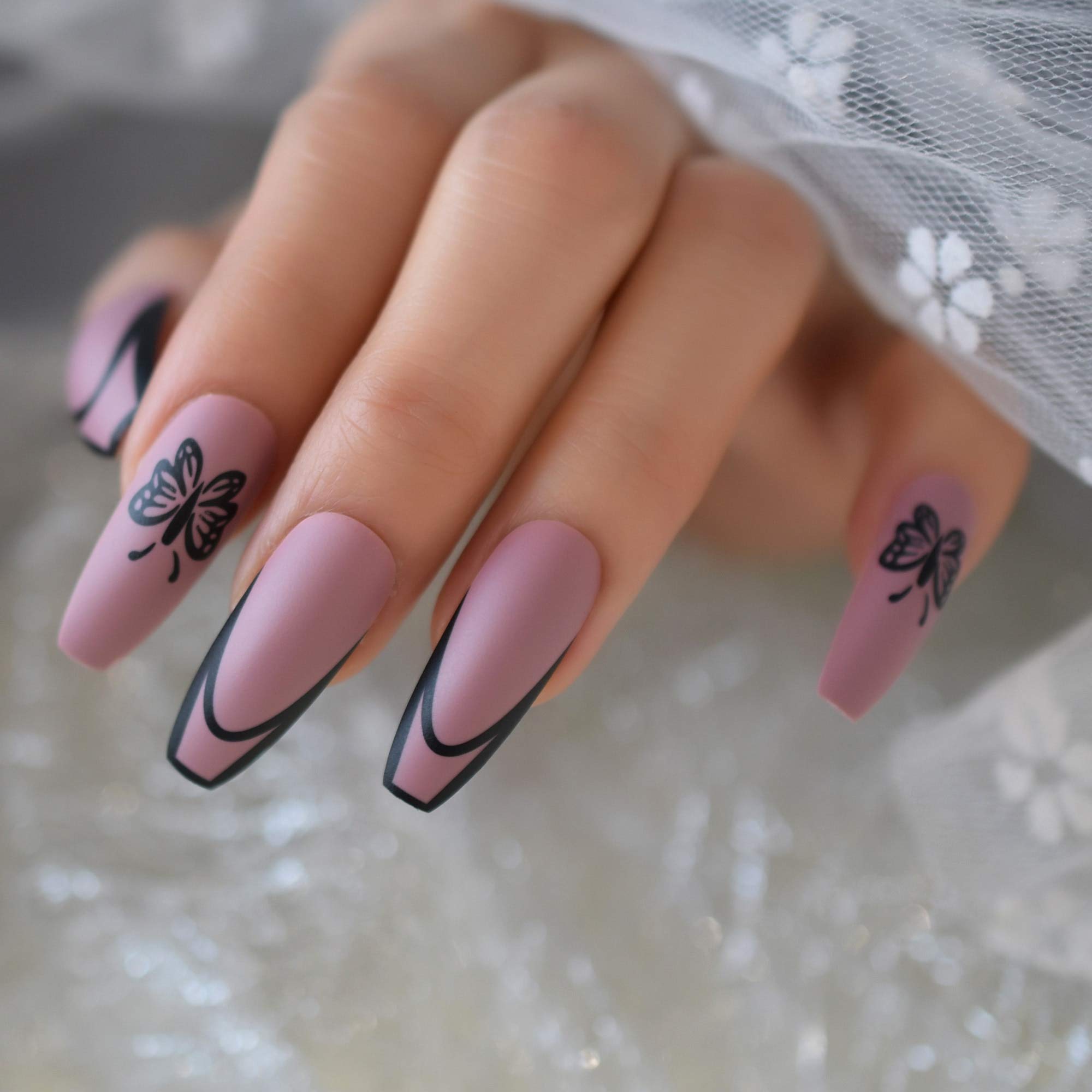 Matte Butterfly Press On Nails - Pink & Purple Coffin Fake Nails with Full Cover Tips for Salon & DIY Manicure | Perfect for Parties, Weddings & Special Occasions