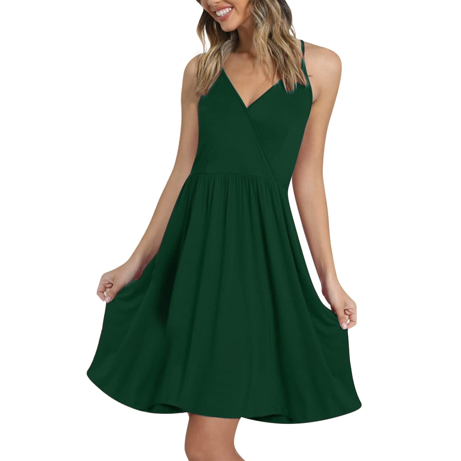 Women's Summer Casual Midi Sun Dress - Ruffled Shoulder Smocked Tank T-Shirt Dress with Pockets | Perfect for Beach, Vacation, and Everyday Wear