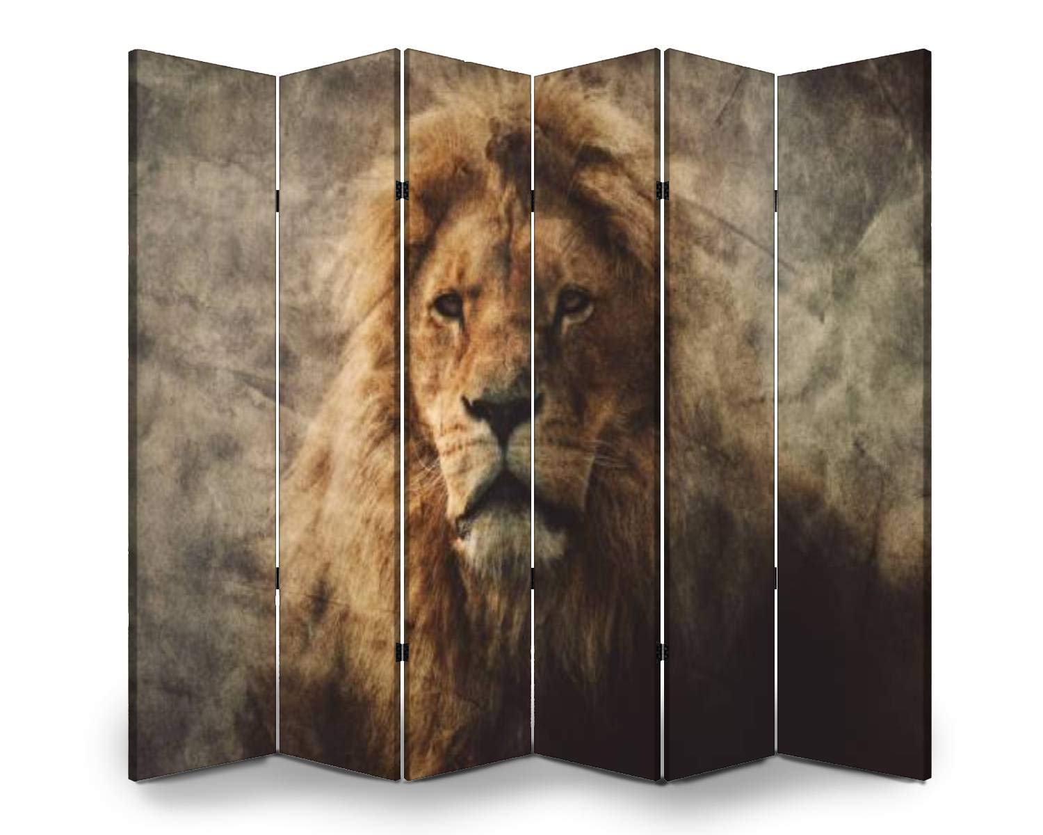 Vintage Lion Portrait Wooden Room Divider - 6-Panel Folding Privacy Screen with African Animal Canvas for Home & Office Decor | Dual-Sided Partition Wall for Living Room, Bedroom, and Studio Spaces