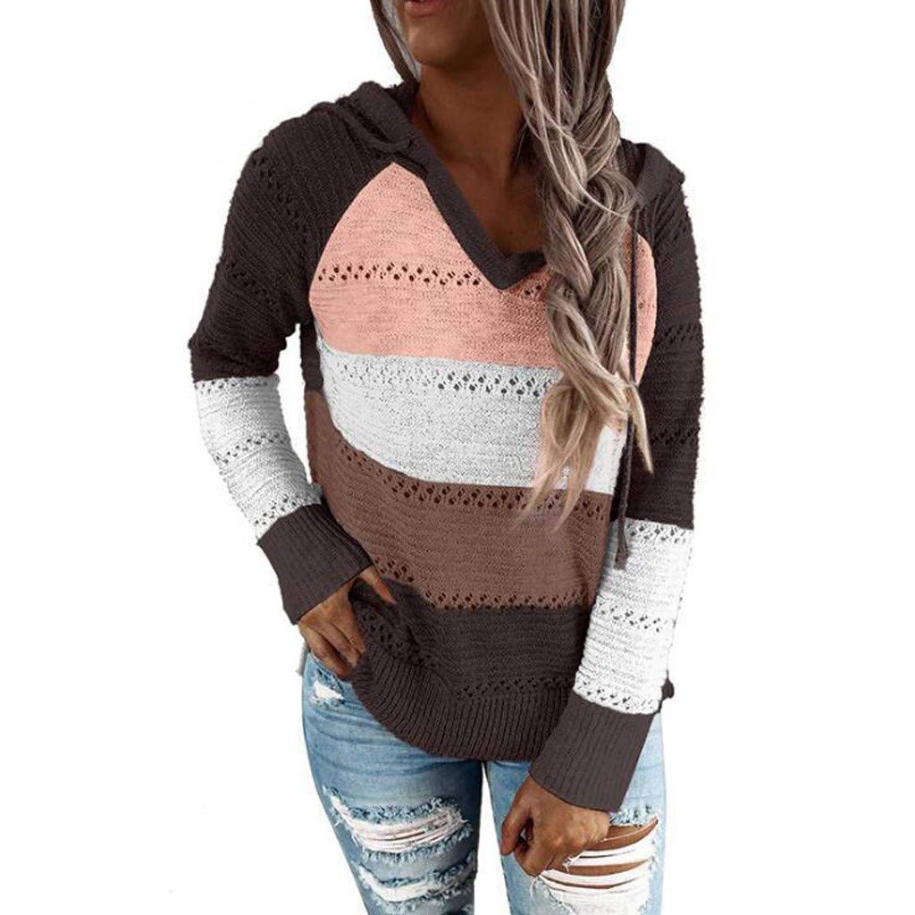 Vedolay Women's Color Block Striped Oversized Hooded Knit Sweater - Loose Patchwork Pullover Jumper Top for Casual Wear & Winter Fashion