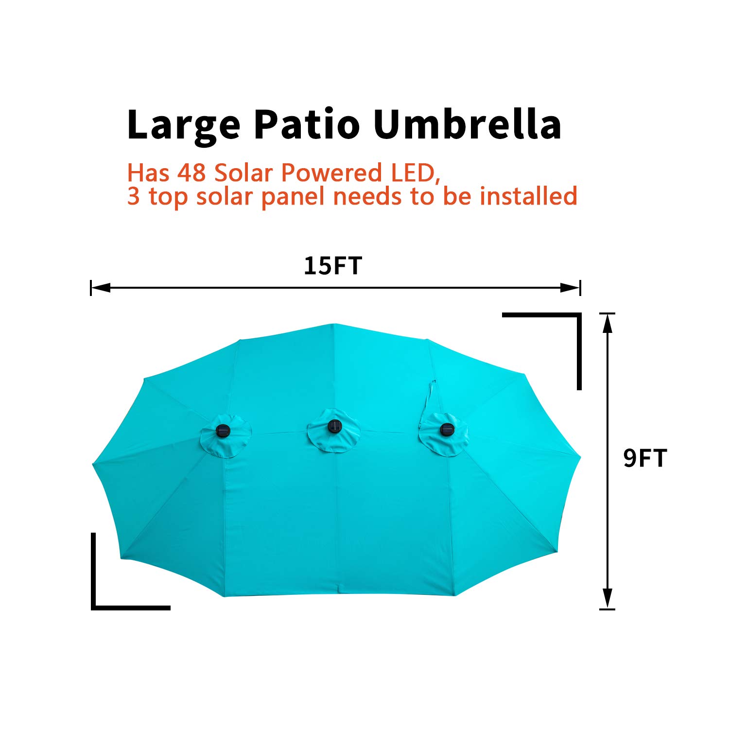 15ft Solar LED Patio Umbrella with Double-Sided Canopy - Extra Large Outdoor Garden Umbrella for Poolside, Backyard, and Patio Relaxation