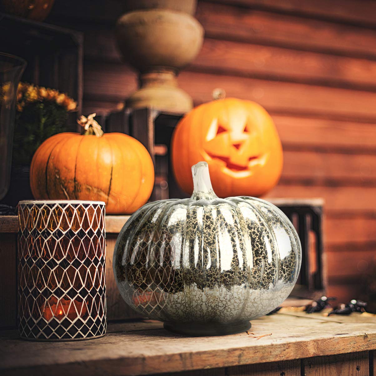 Silver Halloween Pumpkin LED Table Lamp - Glass Fall Decor for Home, Party & Office (Battery Not Included) | Perfect for Halloween Decorations, Thanksgiving Centerpiece & Cozy Autumn Ambiance