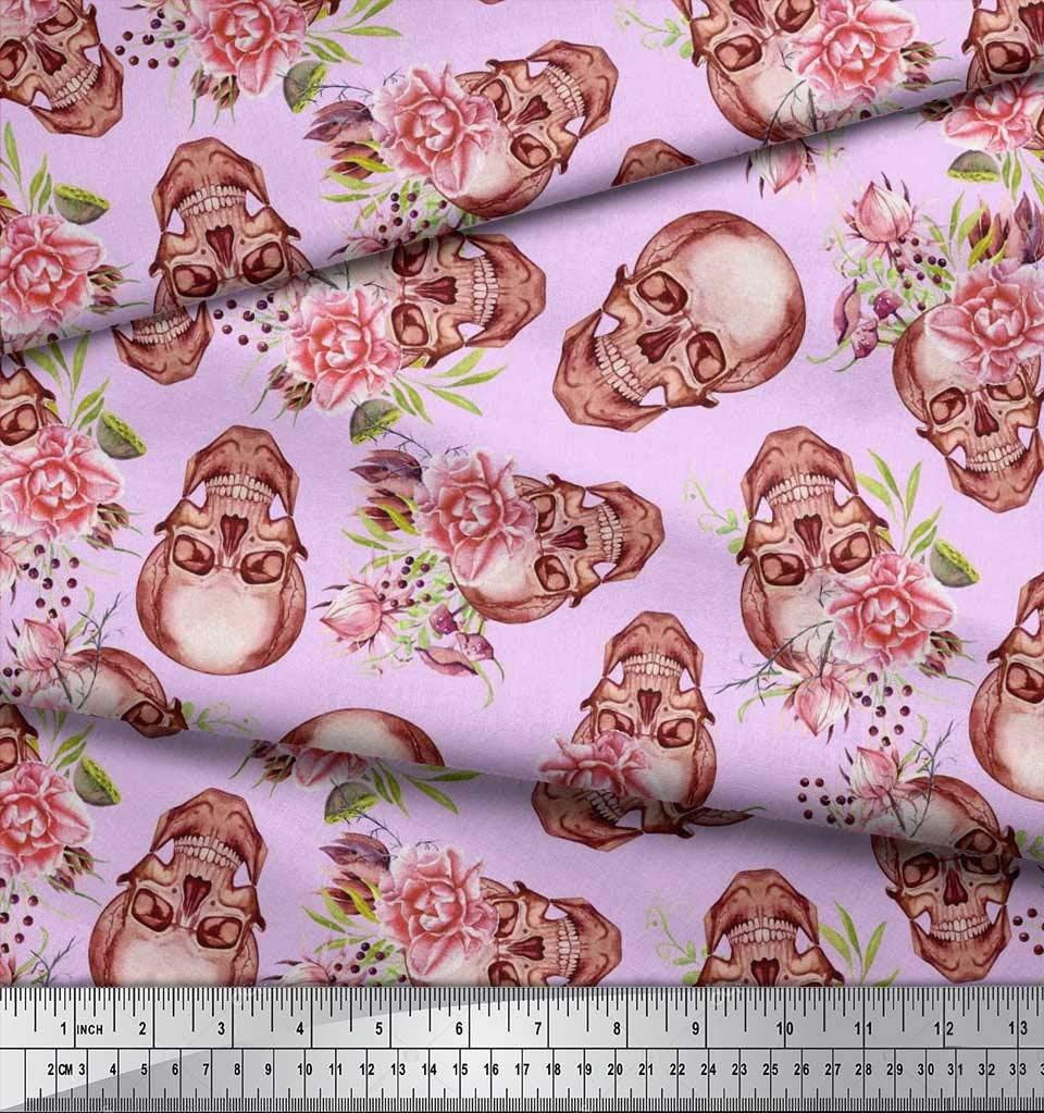 Soimoi Moss Georgette Brown Fabric by The Yard - 42 Inch Wide Skull & Begonia Floral Printed Textile for Fashion Design, DIY Crafts, Gothic Clothing & Home Decor - Edgy Whimsical Fabric for Dresses, Curtains & Unique Creations