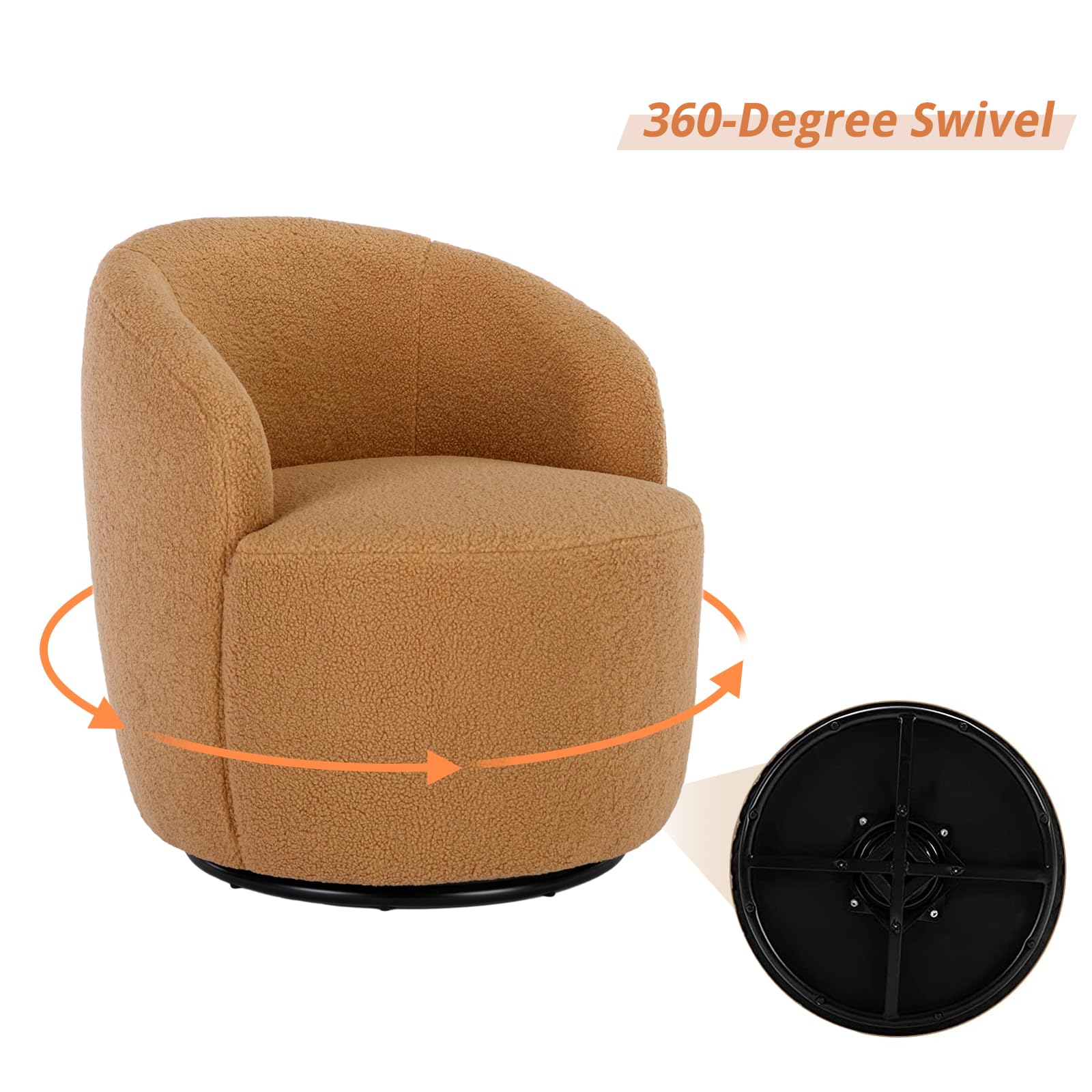 KIVENJAJA 360 Degree Swivel Barrel Chair - Modern Round Accent Armchair with Teddy Sherpa Upholstery, Small Single Sofa Chair for Nursery, Living Room, Bedroom - Cozy Seating for Reading Nooks, Home Offices & Lounge Areas (Teddy, Camel)