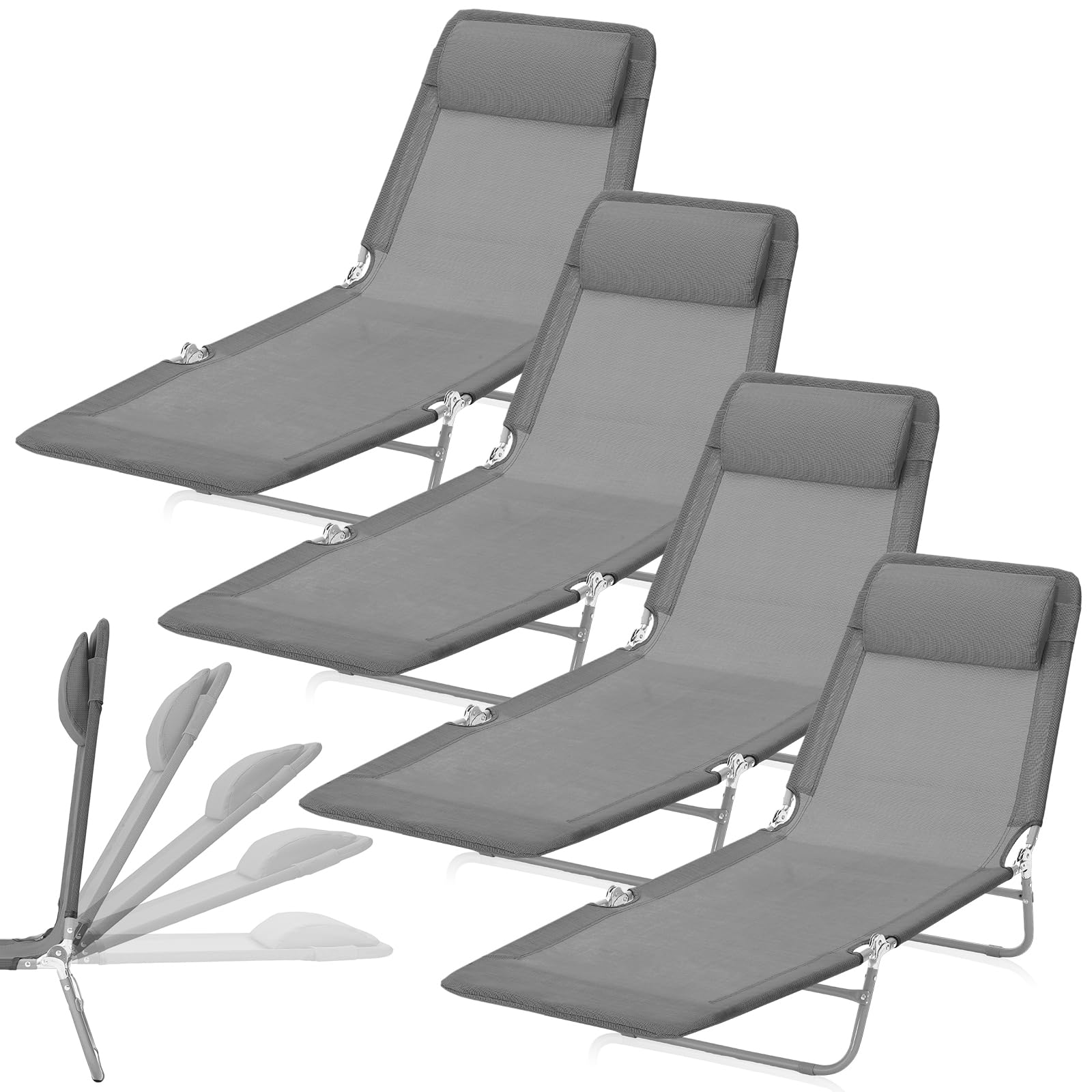 Suzile 4 Pack Folding Chaise Lounge Chairs - Adjustable 5-Position Tanning Chairs with Pillow, Waterproof & Breathable Mesh, Steel Frame - Perfect for Pool, Beach, Yard, Patio, Lawn & Outdoor Relaxation