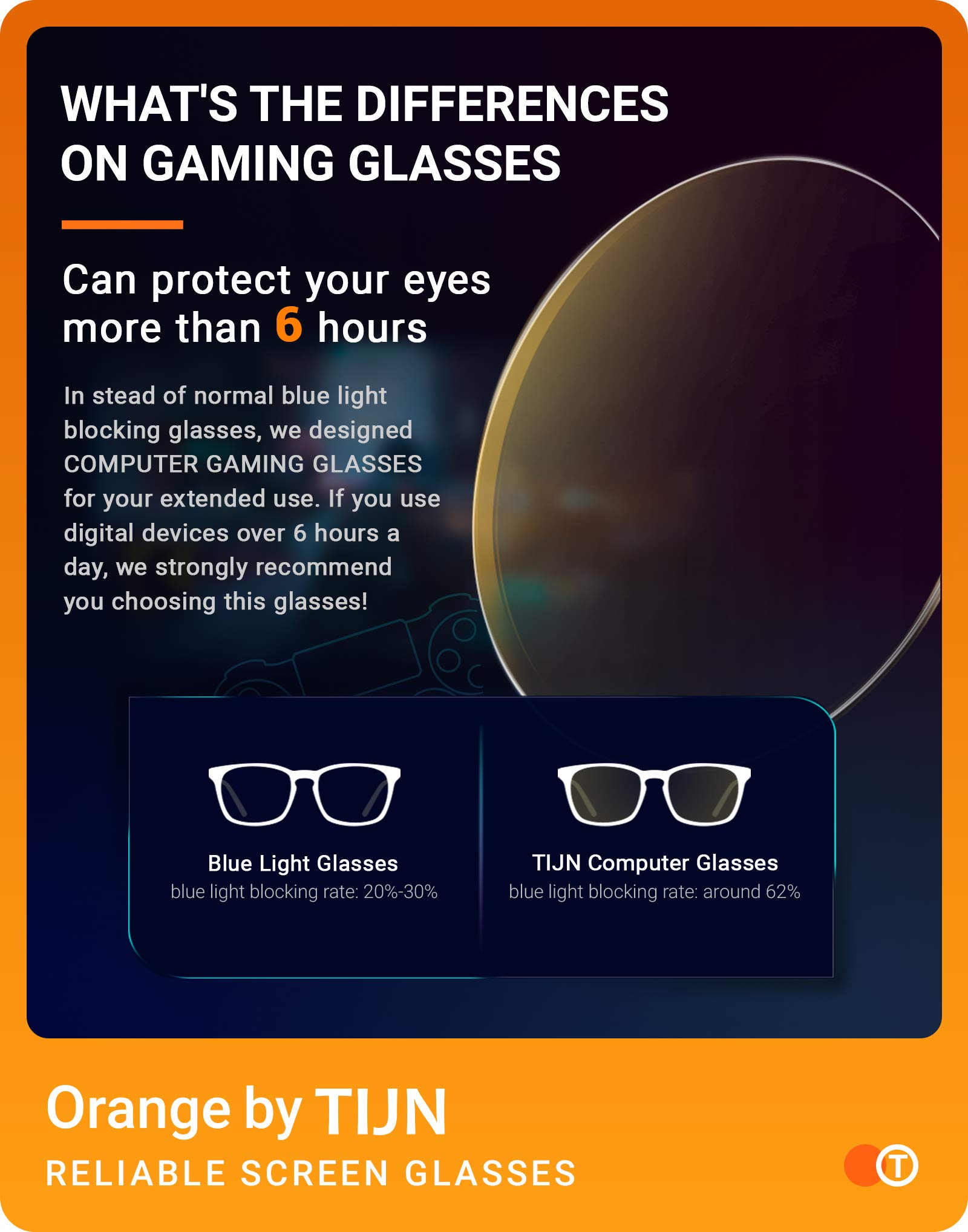 TIJN Blue Light Blocking Glasses for Gaming & Work - Anti Eyestrain, UV Protection