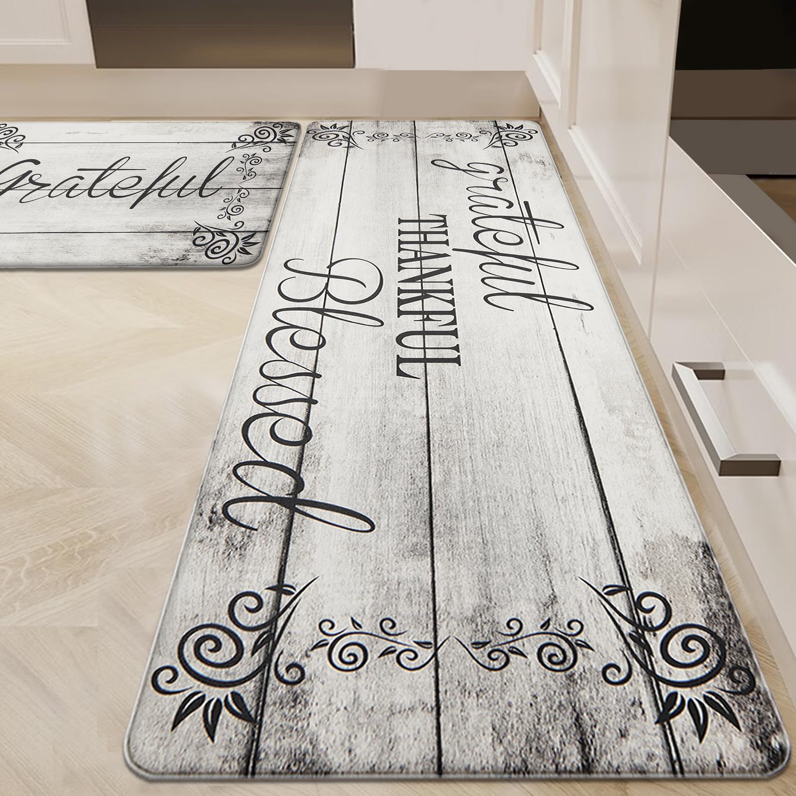 HEBE Anti-Fatigue Kitchen Mat Set of 2 - Non-Slip Cushioned Floor Mats for Standing, Waterproof Farmhouse Style - Perfect for Kitchen Sink, Office Desk & Laundry Room (Comfortable Standing Solution for Home & Work)