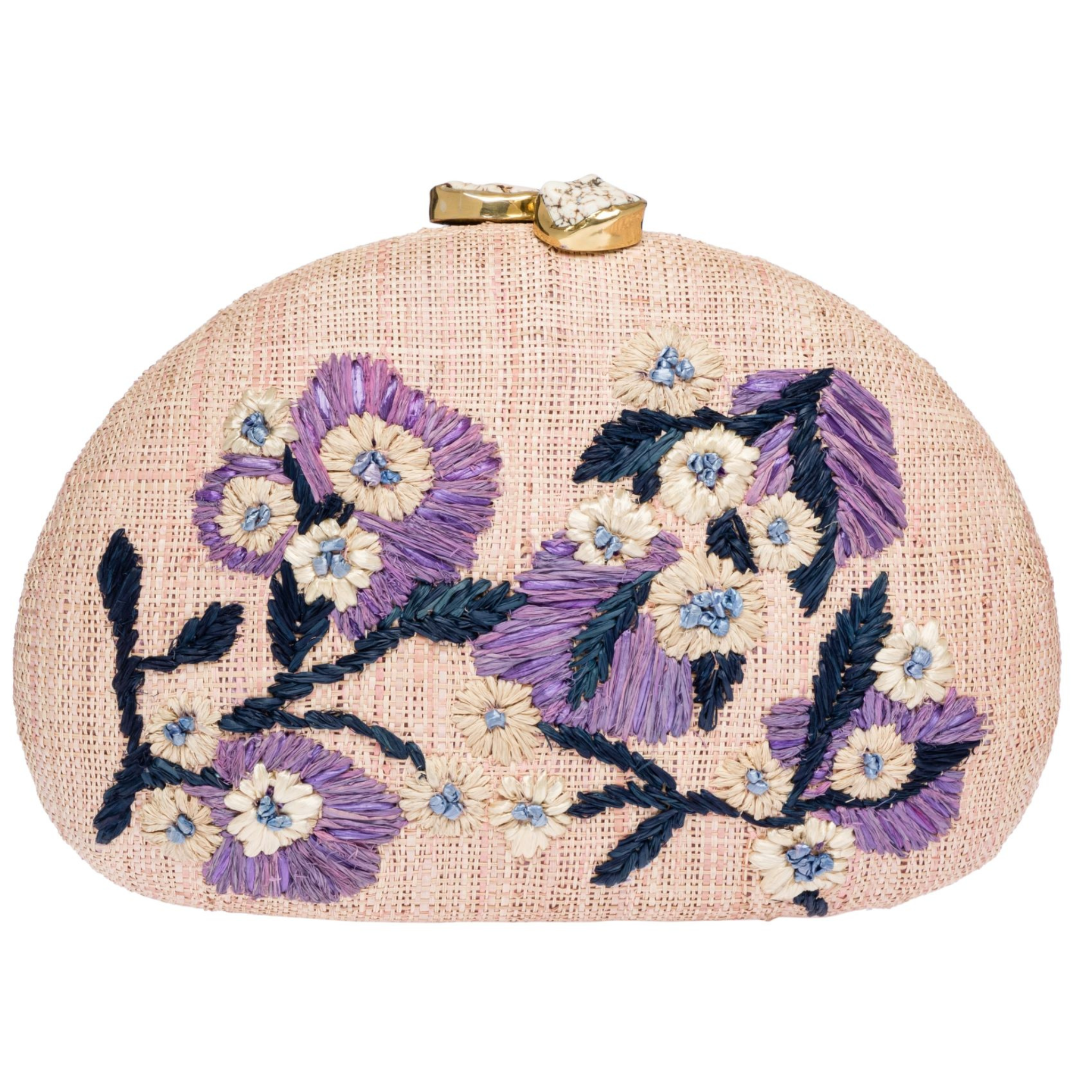 Berna Pink Raffia Floral Clutch Handbag for Women - Elegant Lilac & Navy Woven Straw Purse for Weddings, Beach Parties & Summer Outings