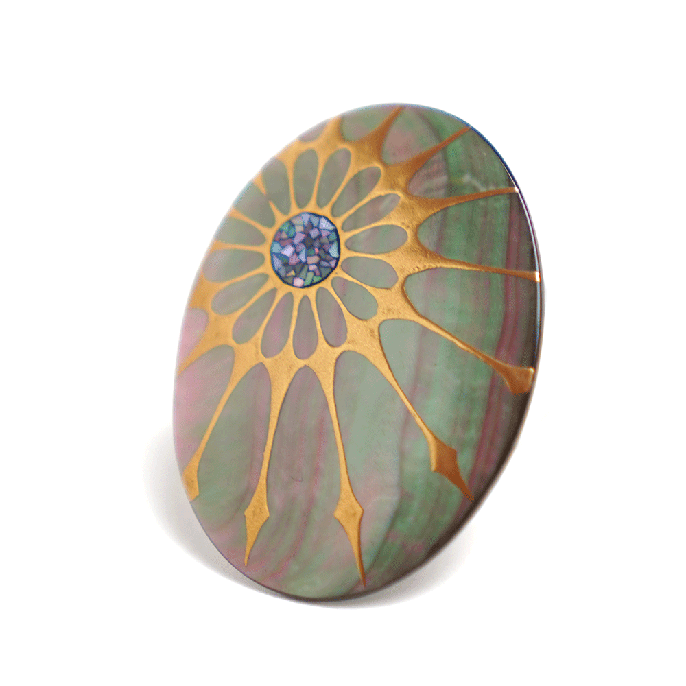 Exquisite Japanese Maki-e Urushi Lacquer Brooch with Black Lip Oyster Pearl Shell - Sunshine Design | Traditional Handcrafted Jewelry for Women | Perfect for Weddings, Parties & Special Occasions