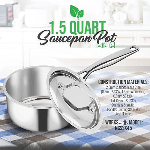 NutriChef 1.5-Quart Stainless Steel Saucepan with Lid - PFOA/PFOS Free, Non-Stick Cookware Pot with Satin Interior & Polished Exterior - Compatible with NCSSX45 - Perfect for Boiling, Simmering, and Cooking Sauces